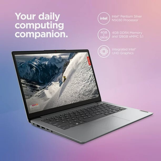 Grey Lenovo Ideapad 1i, 14.0″ Laptop, Intel Pentium N5030, 4GB RAM, 128GB eMMC, 