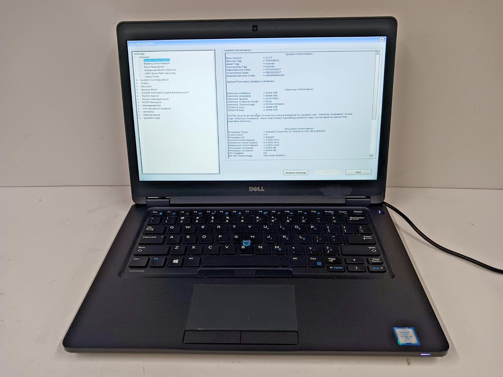 14″ DELL LATITUDE 5480 Intel i5-7440HQ @ 2.80GHz 8GB DDR4 RAM 128GB SSD, NO OS