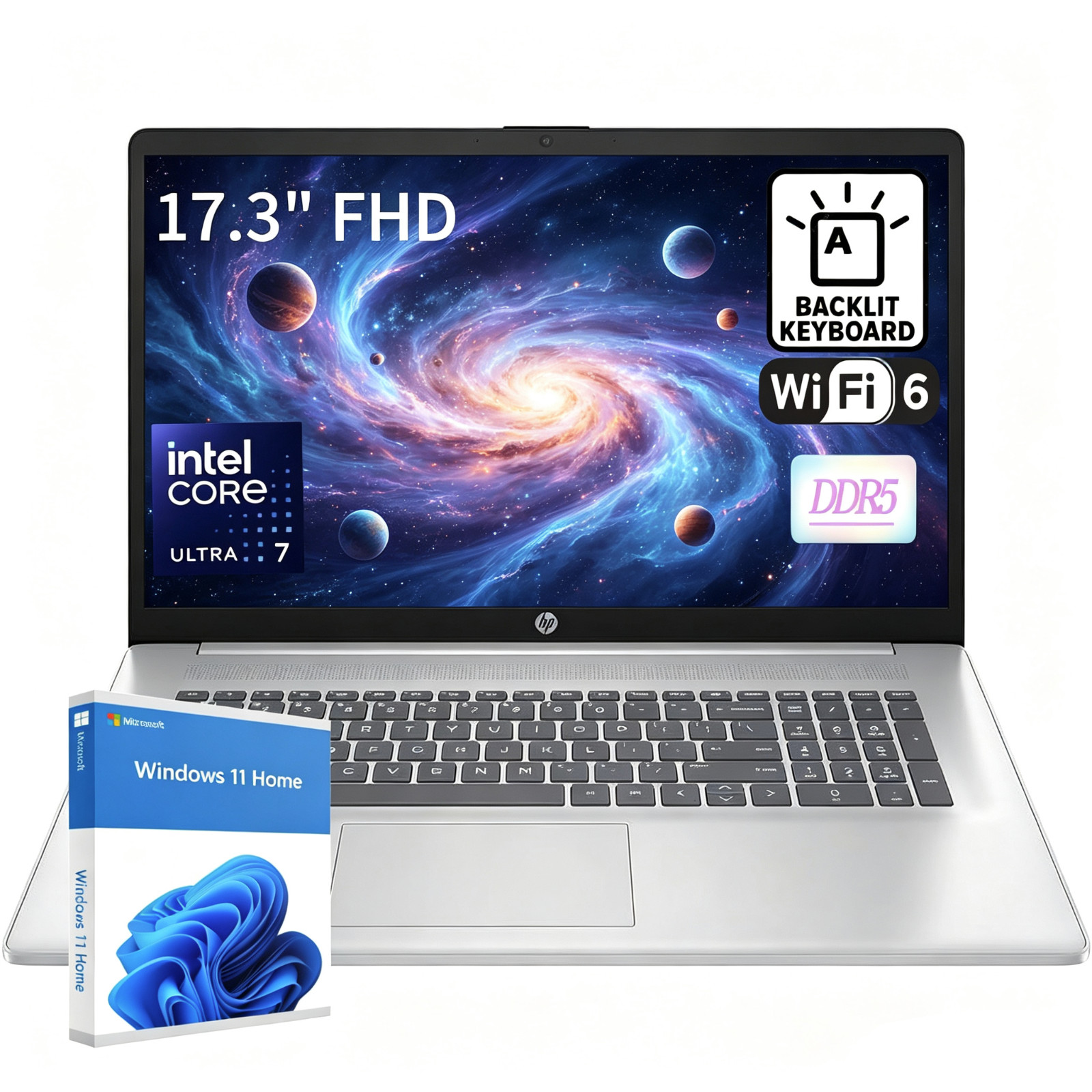 HP 17″ FHD AI Laptop Ultra 7 16GB DDR5 RAM 512GB SSD Win11 Backlit Silver
