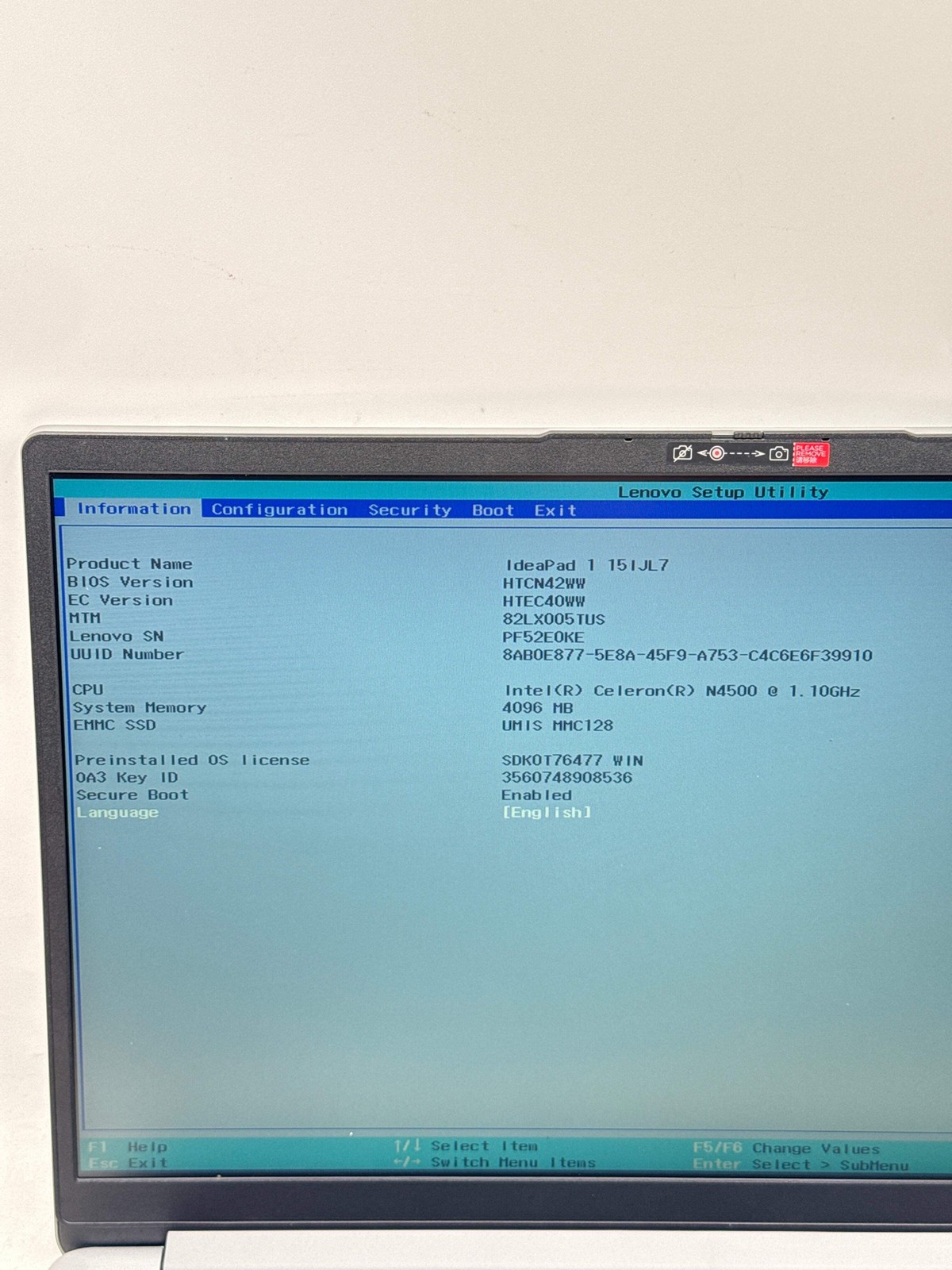 Lenovo IdeaPad 1i-15IJL7 Intel Celeron N4500 4GB RAM 128GB eMMC – BIOS Locked