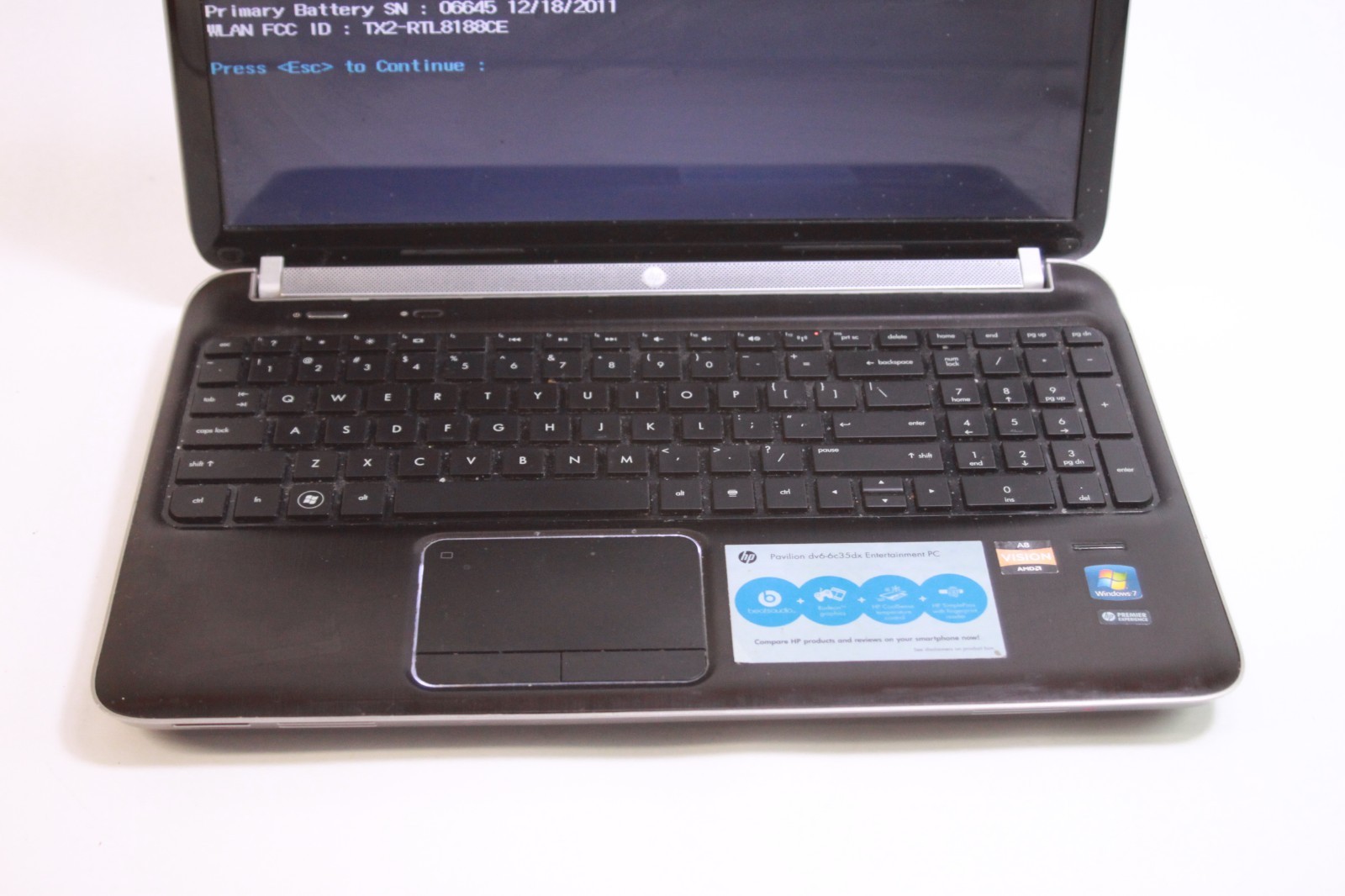 HP Pavilion DV6-6C35DX AMD A8-3520M 1.6GHz, 8GB Ram, No HDD, For Repair READ