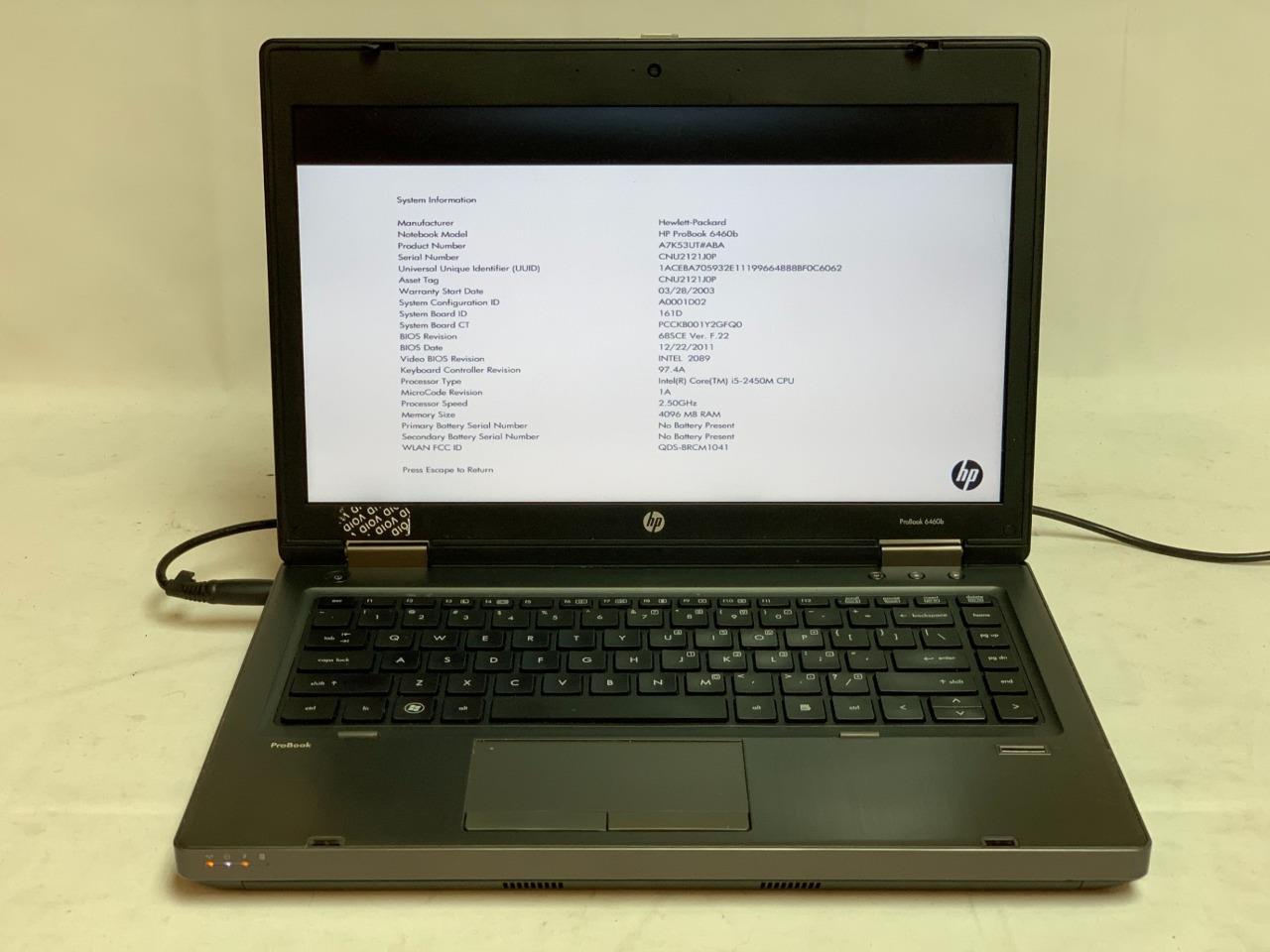 HP ProBook 6460b 4GB RAM, i5-2450M, 2.50GHz, NO HDD (AS IS)