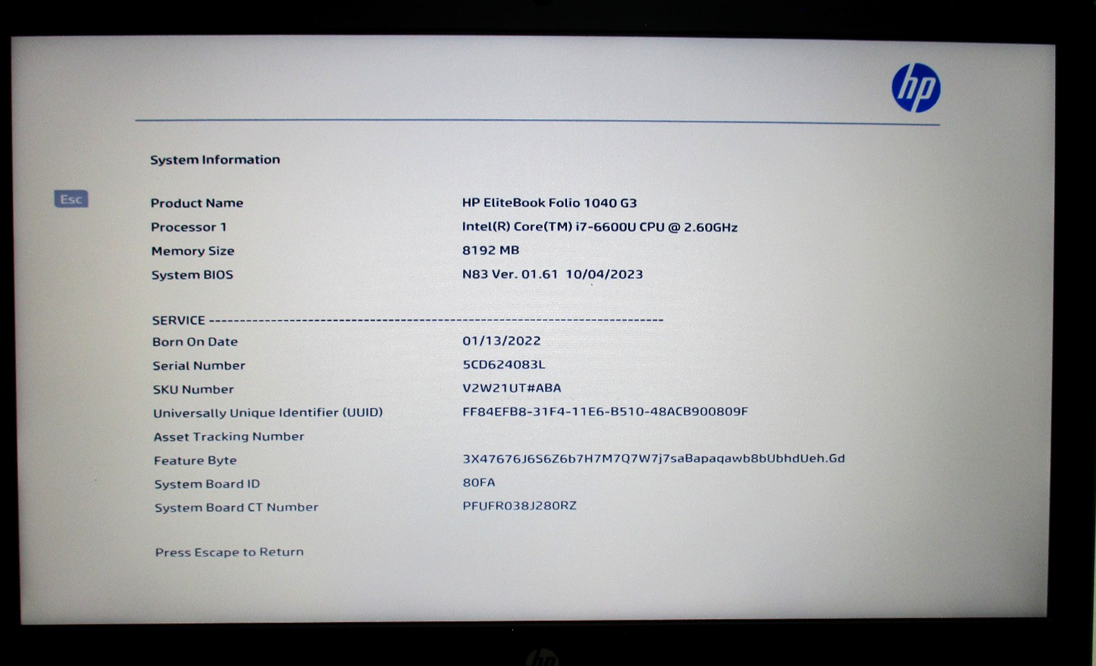 HP Elitebook Folio 1040 G3 14″ i7-6600U 2.6GHz 8GB RAM 256 GB SSD/ W10 Pro