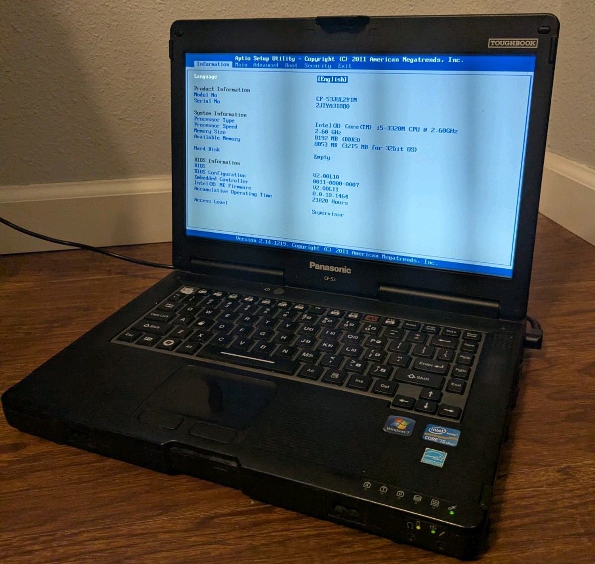 Panasonic Toughbook CF-53 MK2 Intel i5 8GB RAM NO HDD Boots To Bios – No OS