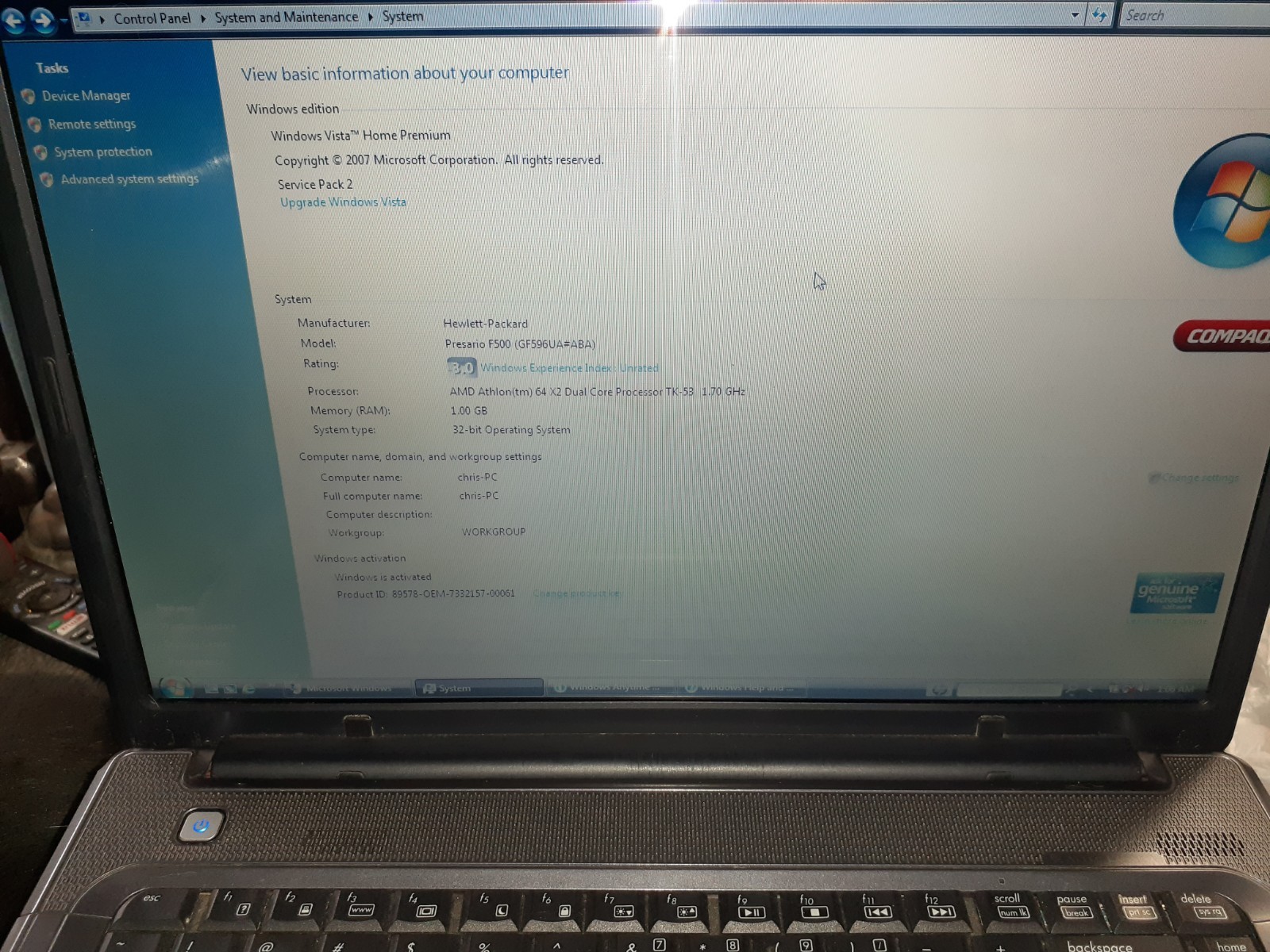 Compaq Presario F500 F572US AMD Athlon 64 X2 1GB Ram No Cord