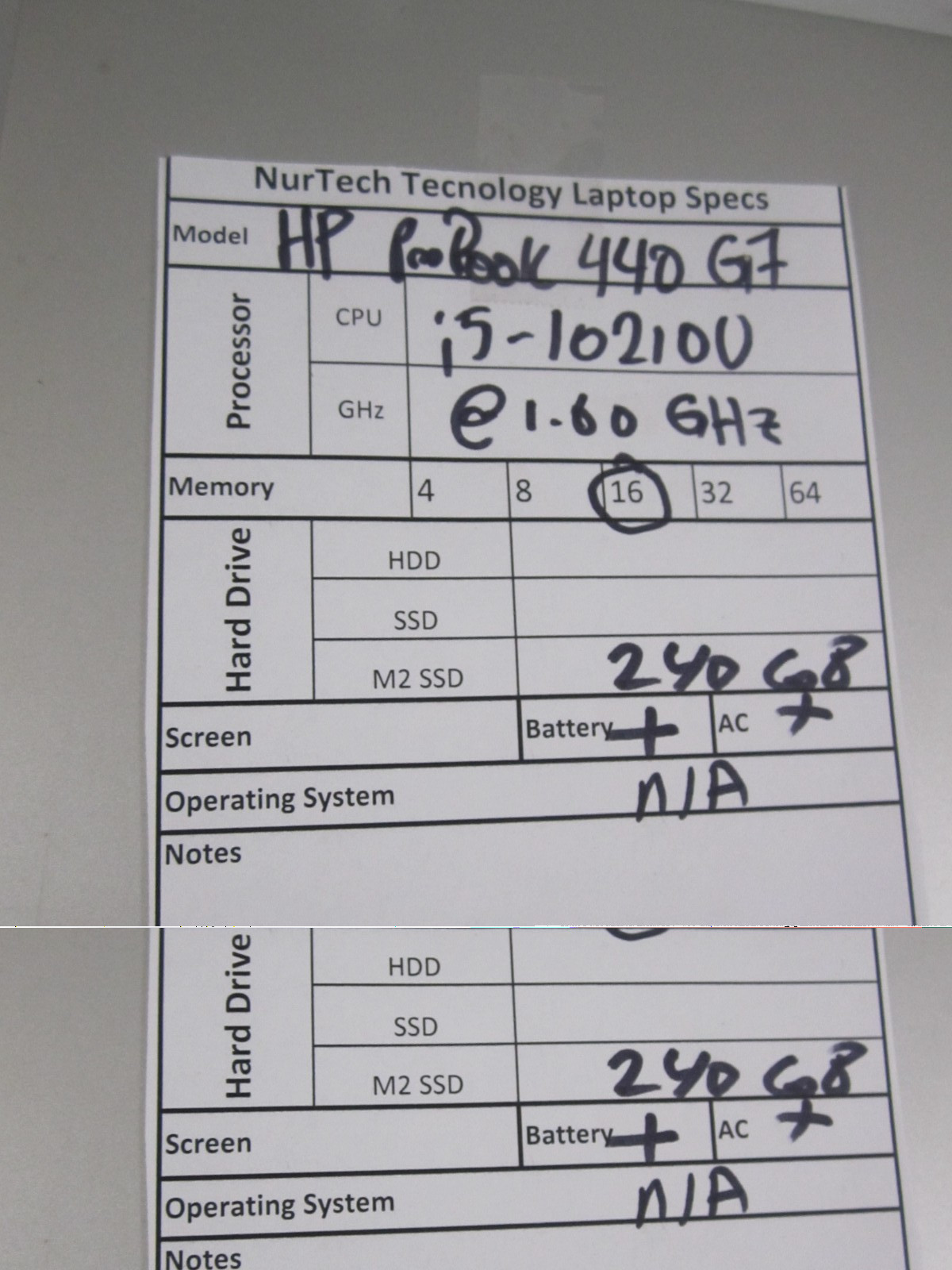 HP ProBook 440 G7 i510210U 1.6GHz 16GB 240GB M2SSD NOOS LAPTOP + AC