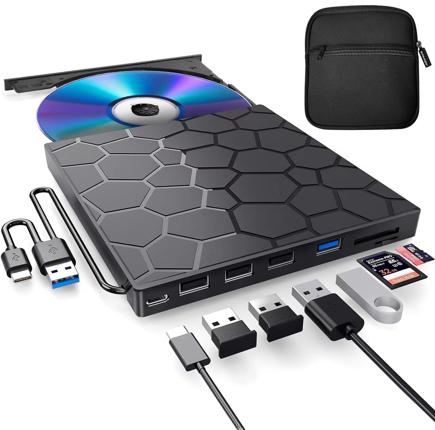 BPAKDU USB 3.0 External CD DVD Drive for Laptop PC Mac + Carrying Case