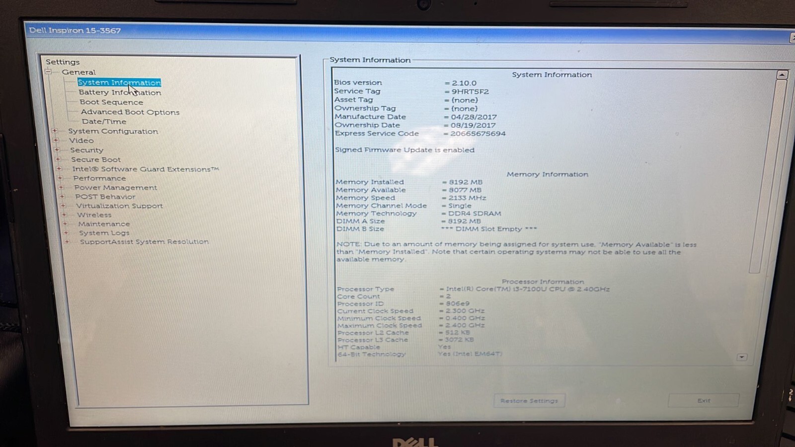 DELL INSPIRON 15 3567 INTEL CORE i3-7100U 2.40GHZ 8GB RAM NO HDD NO OS For Parts