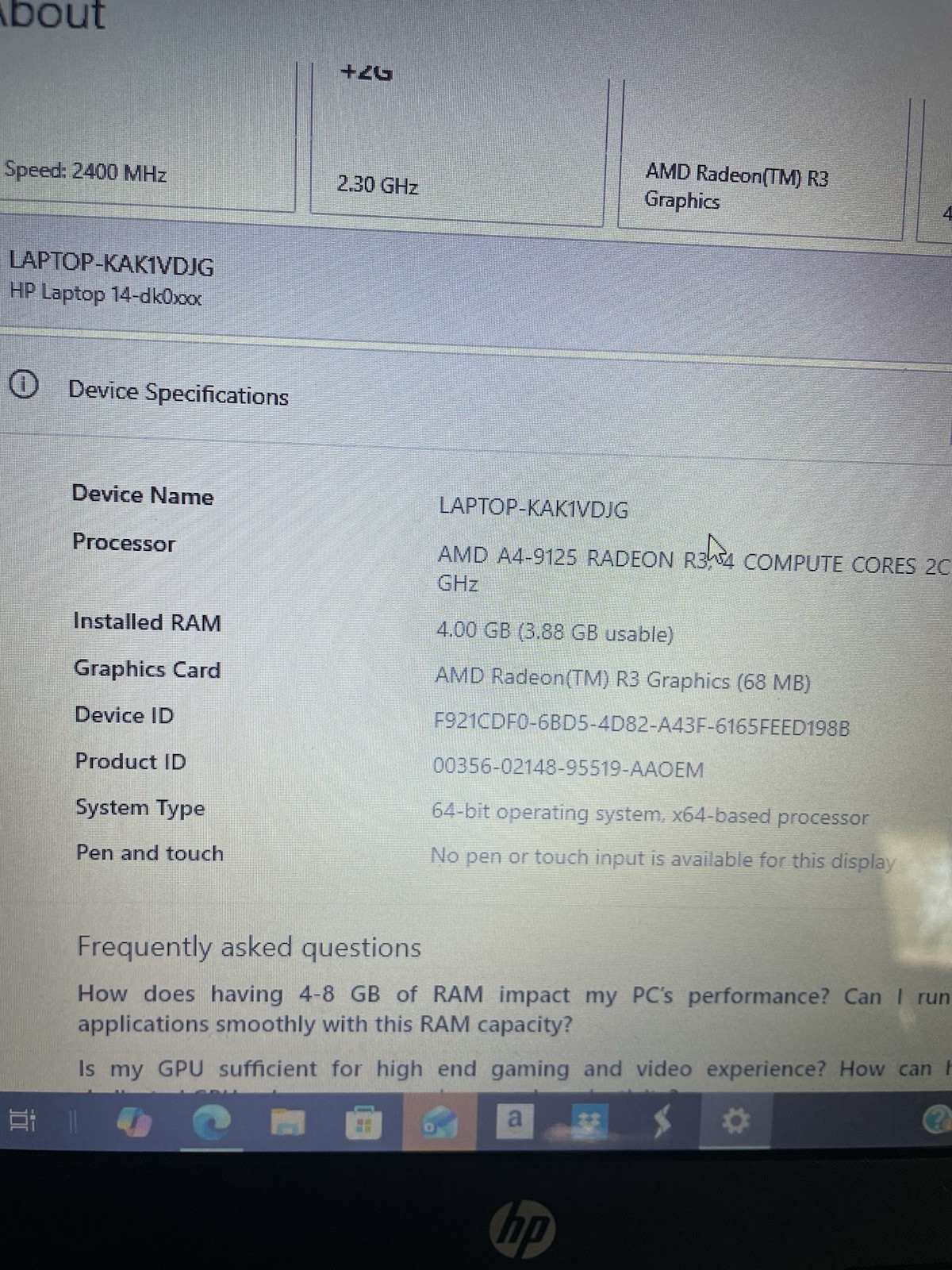 HEWLETT PACKARD HP Laptop 14-dk0053od 4gb Factory Reset R3 Amd A4-9125