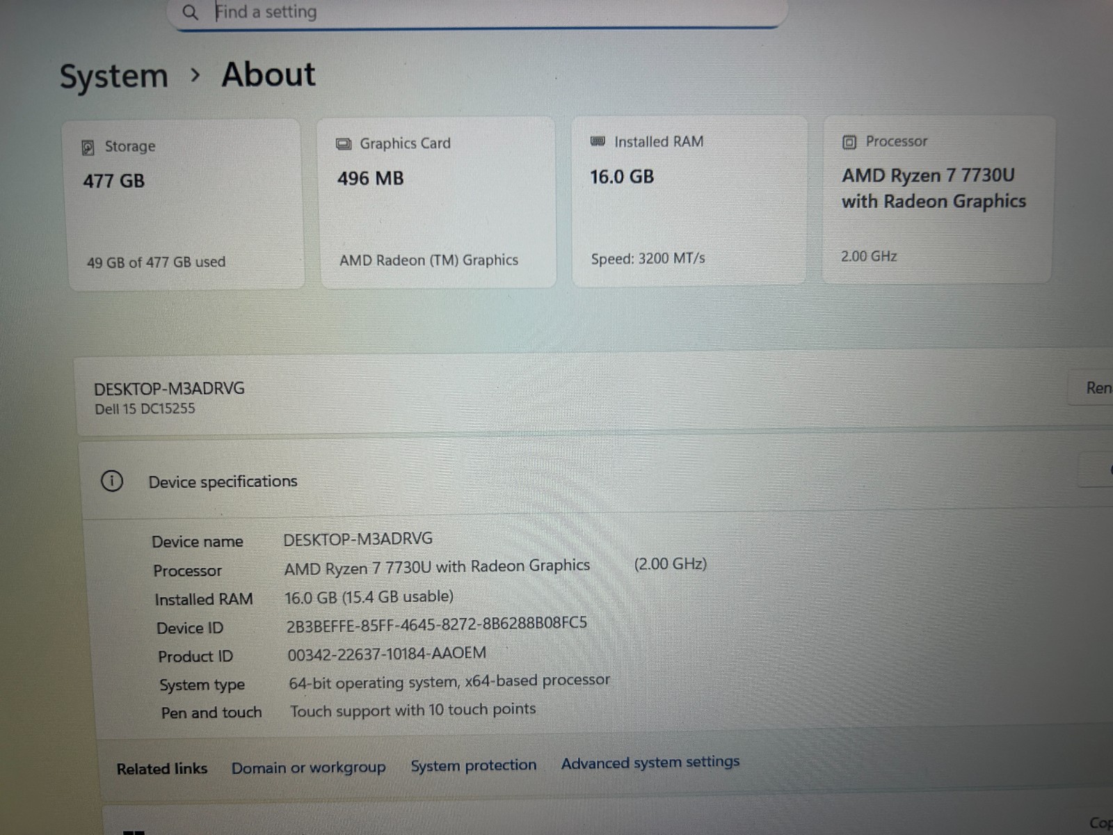 DELL 15 DC15255 G8MK9, AMD Ryzen 7 7730U, 2.00 GHz, 16 GB RAM, 512 GB NVMe SSD