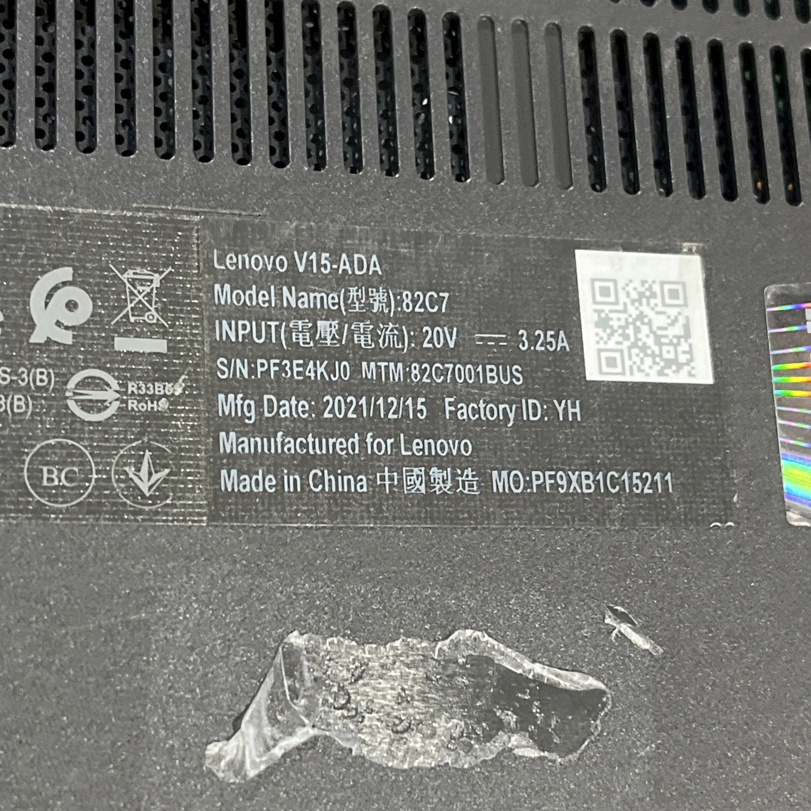 LENOVO V15-ADA AMD ATHLON GOLD 3150U 8GB RAM NO HD