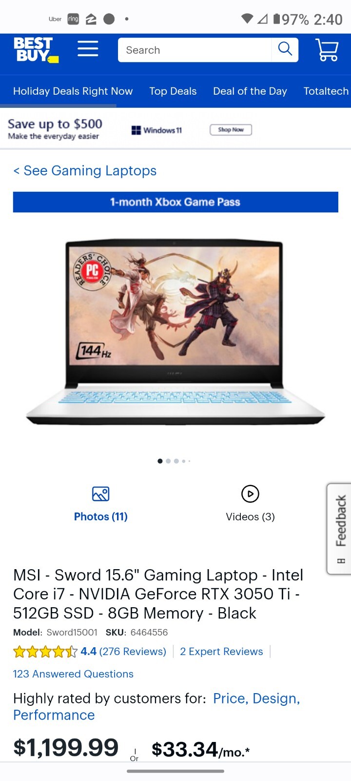 MSI GF65 Thin 10UE 15.6inch(512GB, Intel Core i7-11800H 2.40 GHz 8GB…
