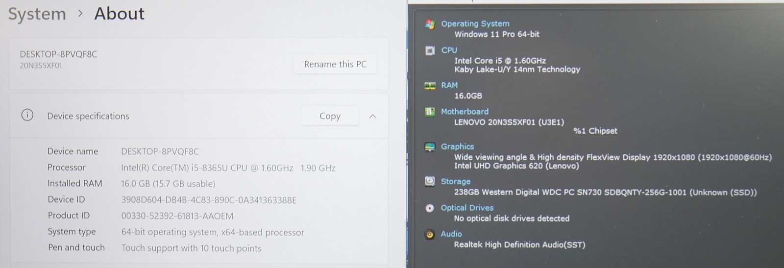 LENOVO ThinkPad T490 Intel Core i5-8365U 1.60GHz 16 GB 256GB SSD 14″ Win11Pro KL