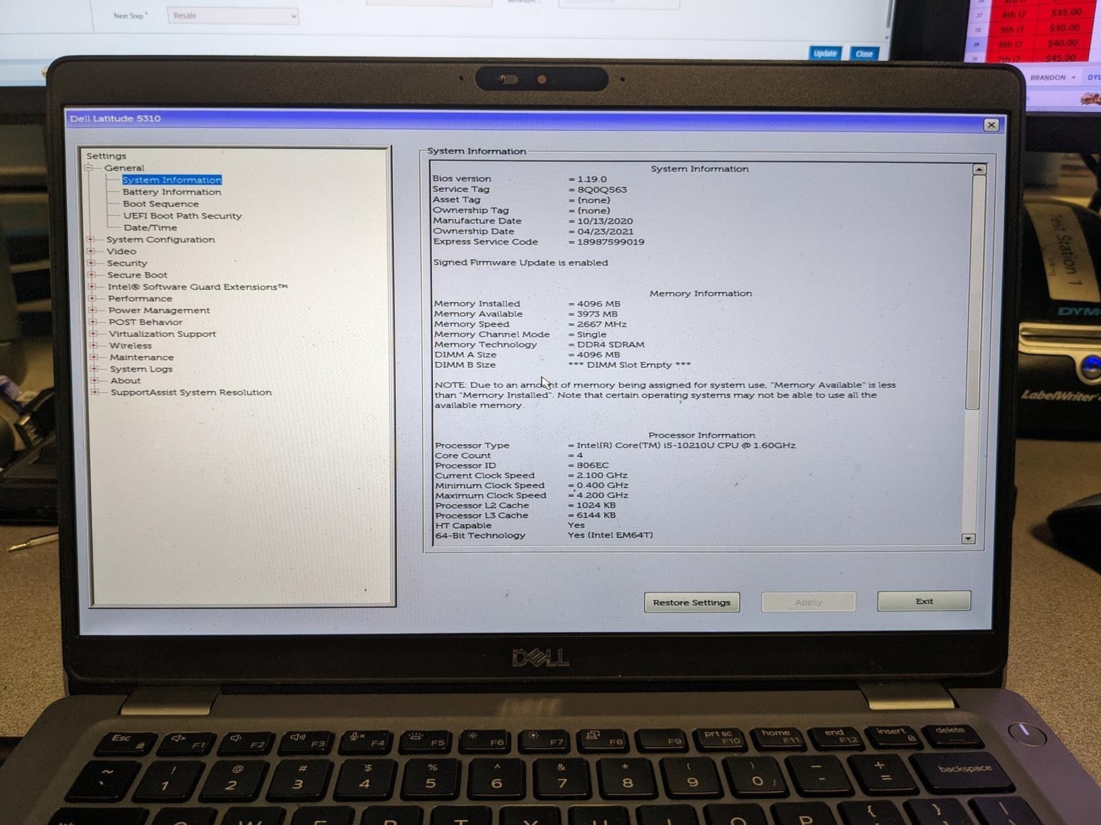 DELL LATITUDE 5310 i5-10210U @ 1.60GHz, 4GB RAM, NO HDD/OS