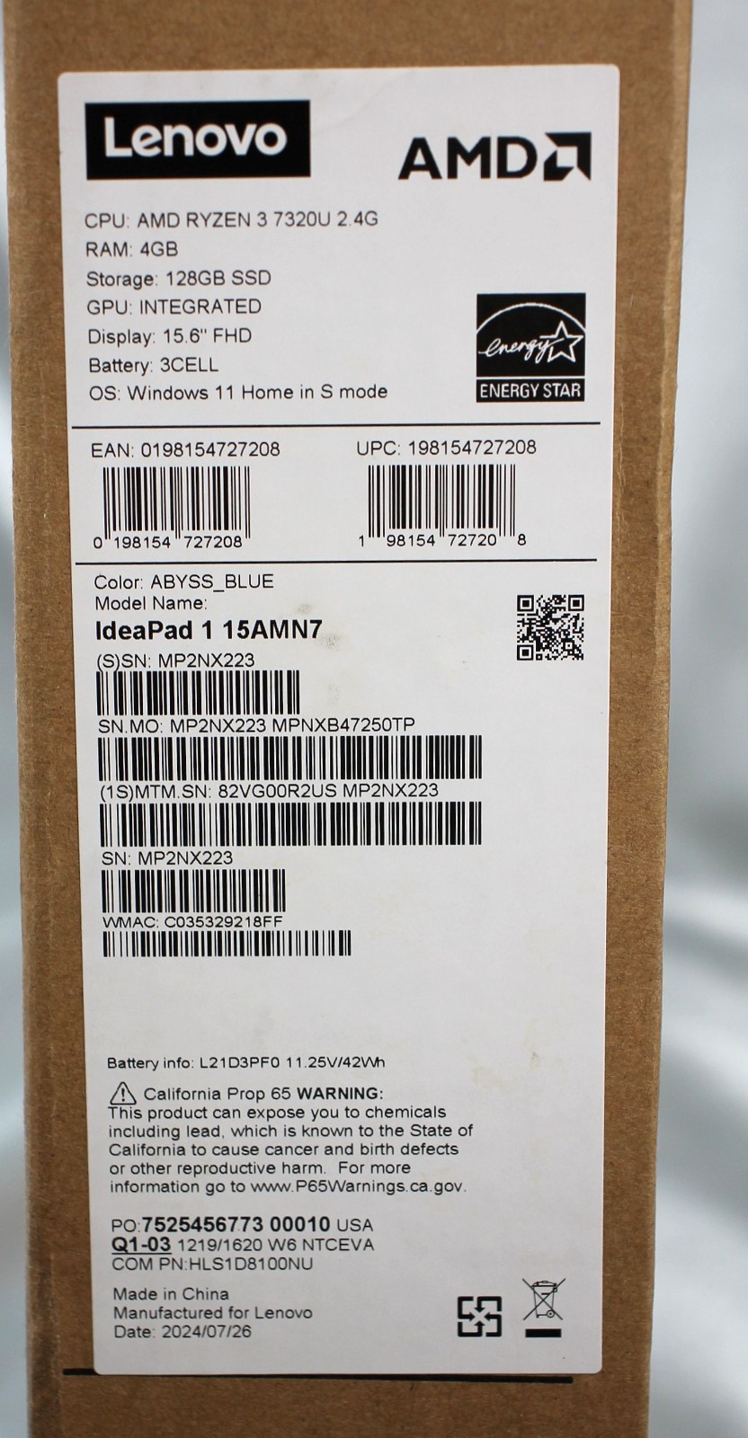 LENOVO IdeaPad 1-15AMN7 ~ AMD Ryzen/ 15.6″/ 4G RAM/ 128G SSD~ NEW, VIDEO ISSUE