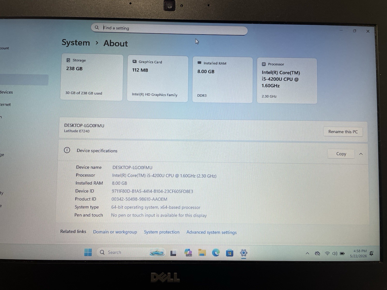 Dell Latitude E7240 256gb SSD Win 11 i5-4200u 2.30ghz 8gb RAM Webcam HDMI