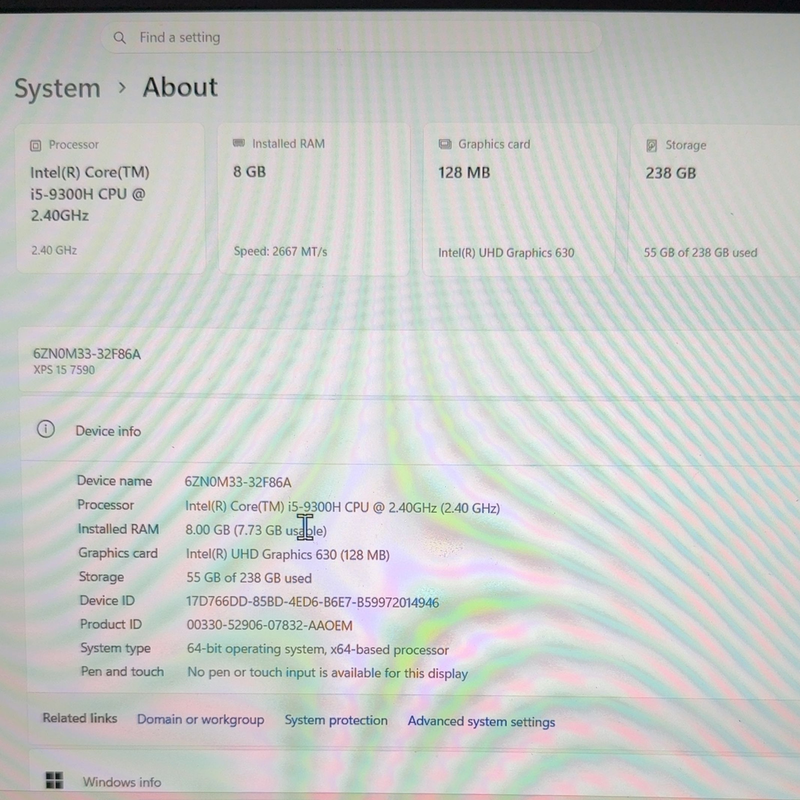 Dell XPS 15 7590 15.6″ i5-9300H 2.40GHz 8GB RAM 256GB NVMe SSD Win 11 Pro