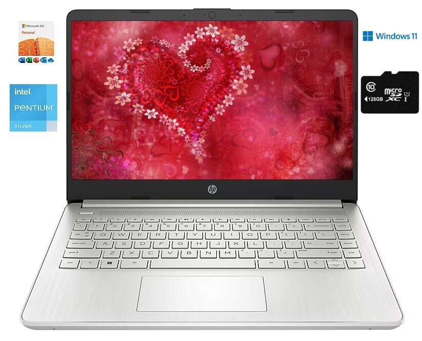 HP 14″ HD Laptop, Intel 4-Core Pentium, 16GB RAM, 192GB (64+128), Win 11, MS 365