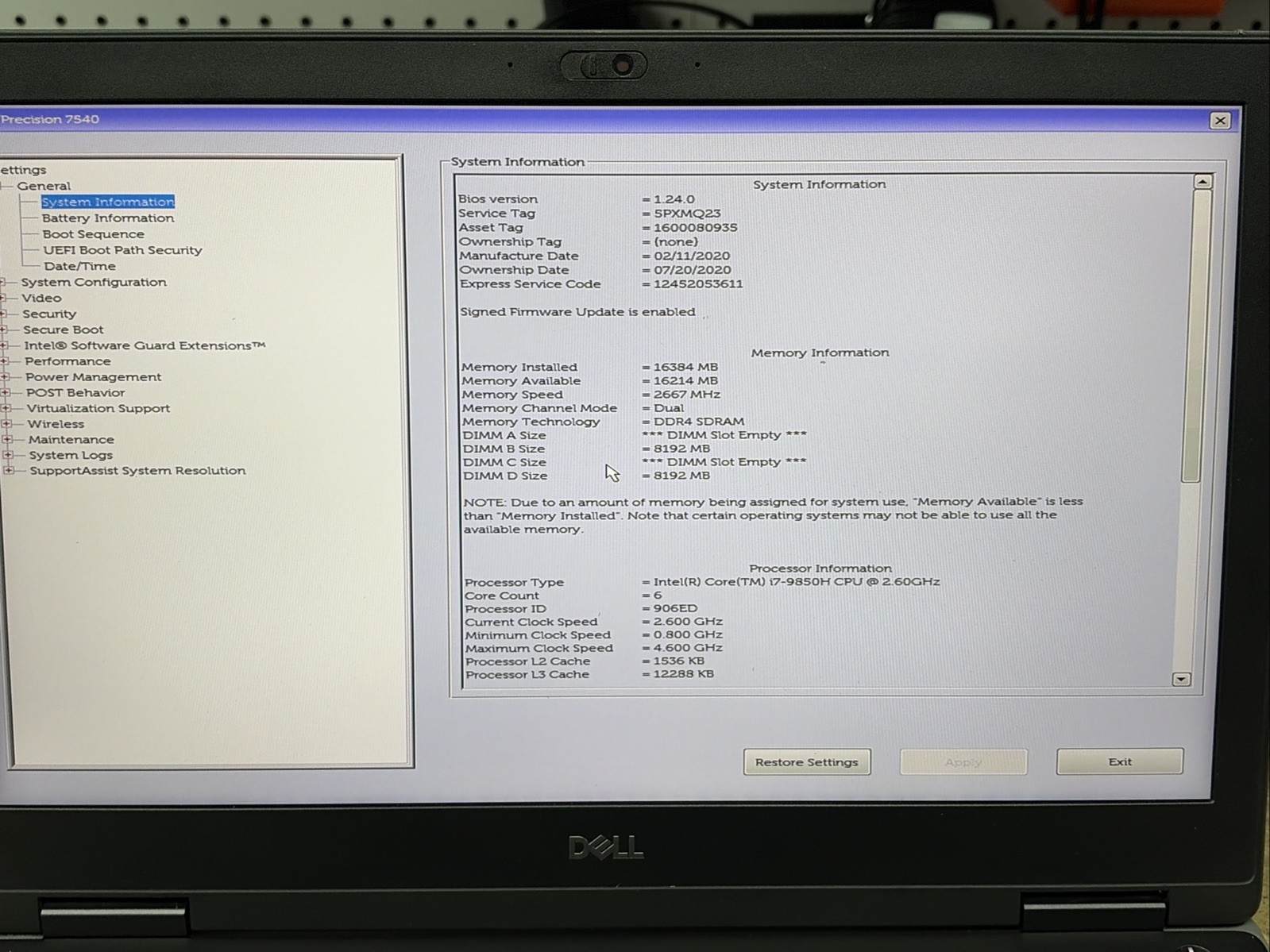 Dell Precision 7540 15.6″ FHD i7-9850H 16GB RAM T2000 No Battery/OS/SSD