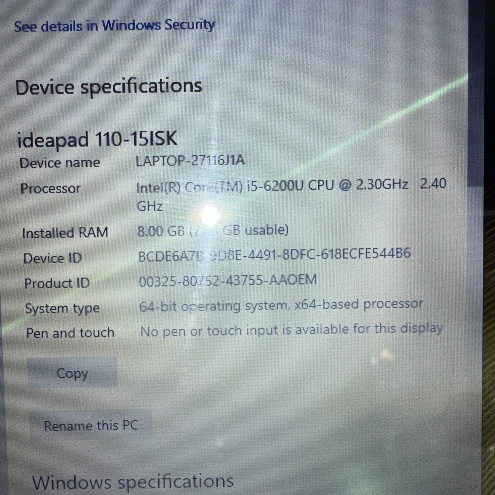 Working Lenovo ideapad 110-15ISK i5 Windows 10 Charger Cord Included Clean 8gb