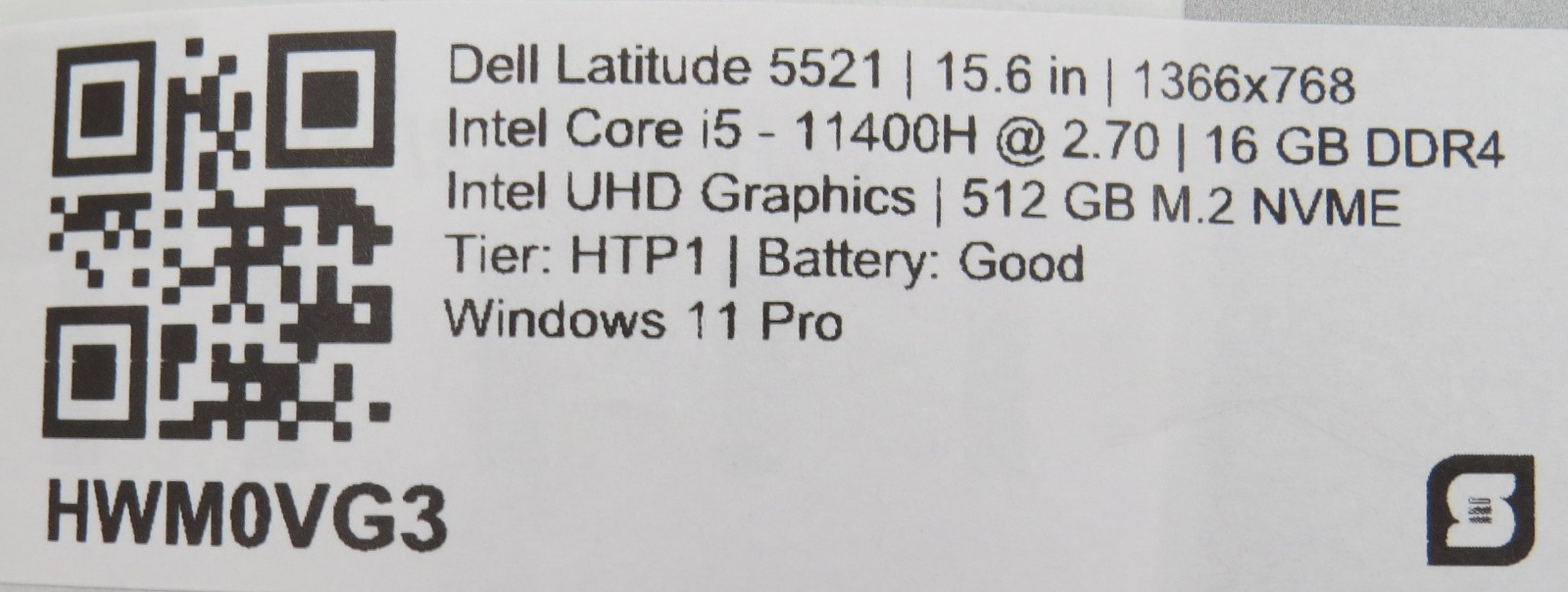Dell Latitude 5521 i5-11400H @ 2.7GHz 16GB DDR4 512GB m2 Win 11 No AC