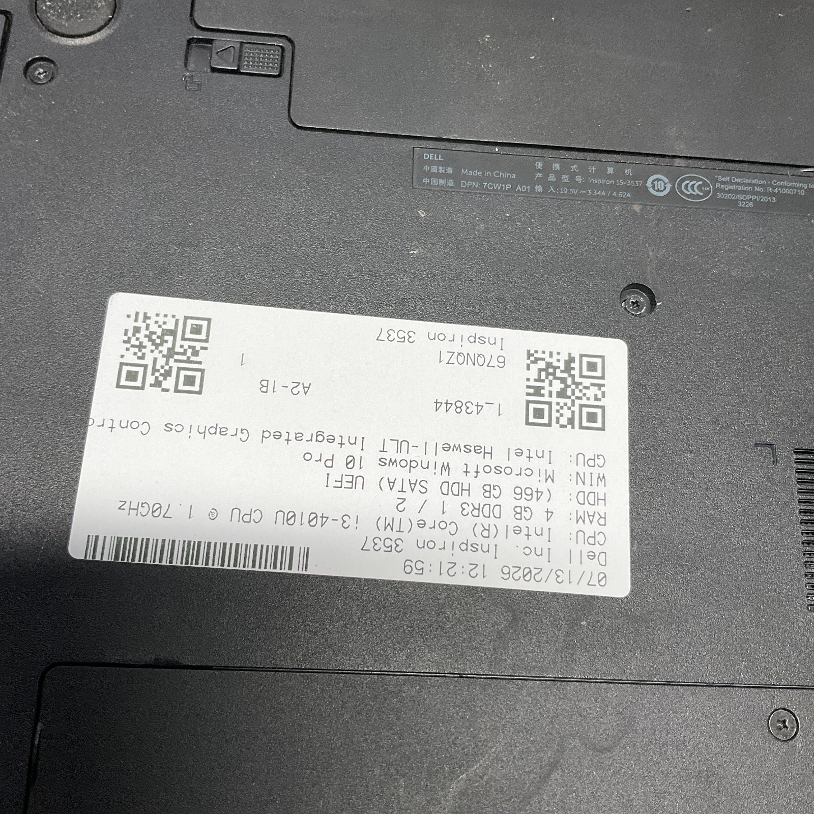 Dell Inspiron 15-3537 15.6″ Intel core I3-4010U 1.7GHz 4GB 500GB HDD Win 10 Pro