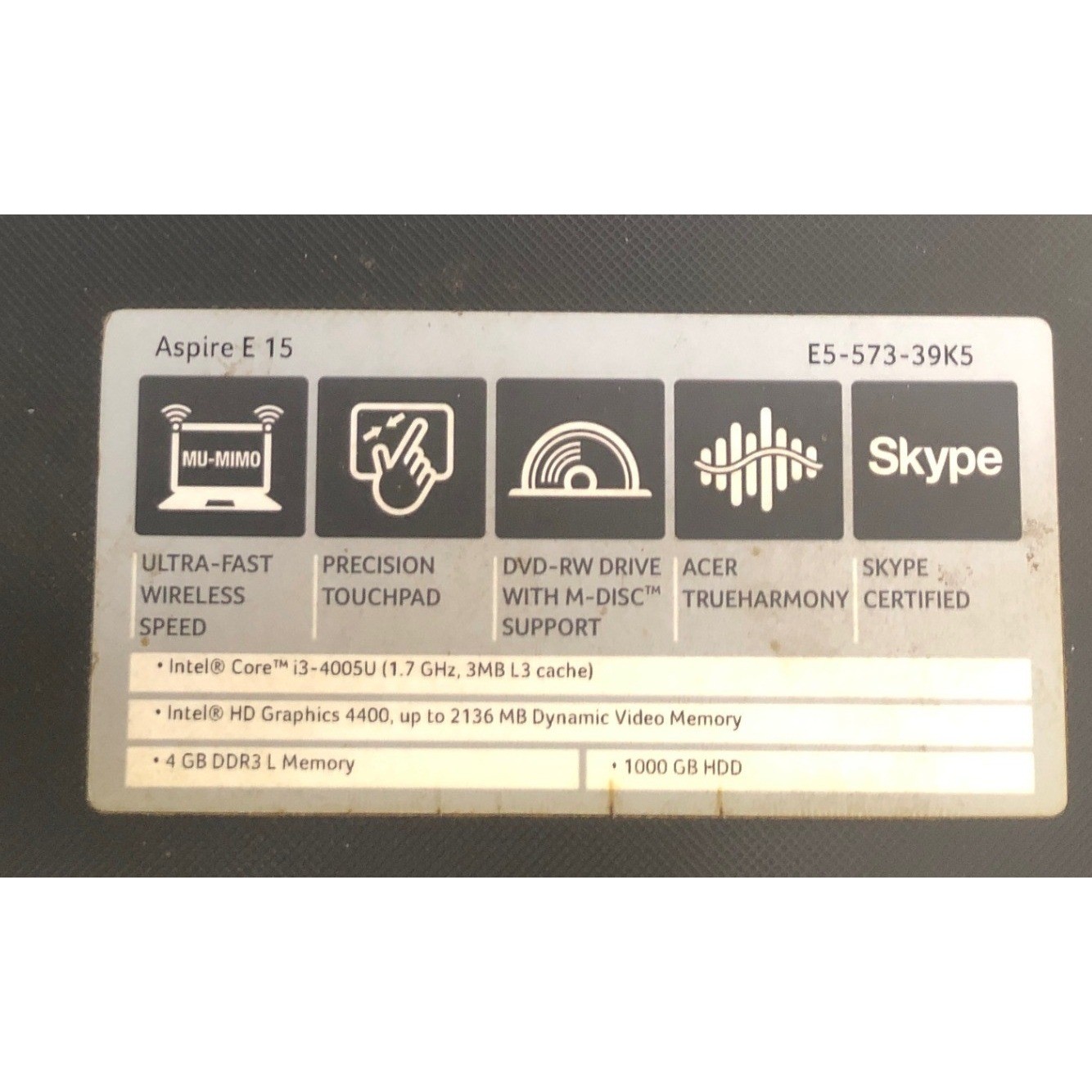 Acer Aspire E 15 E5-573-39K5 Laptop Intel Powers On No Hard Drive Parts Repair