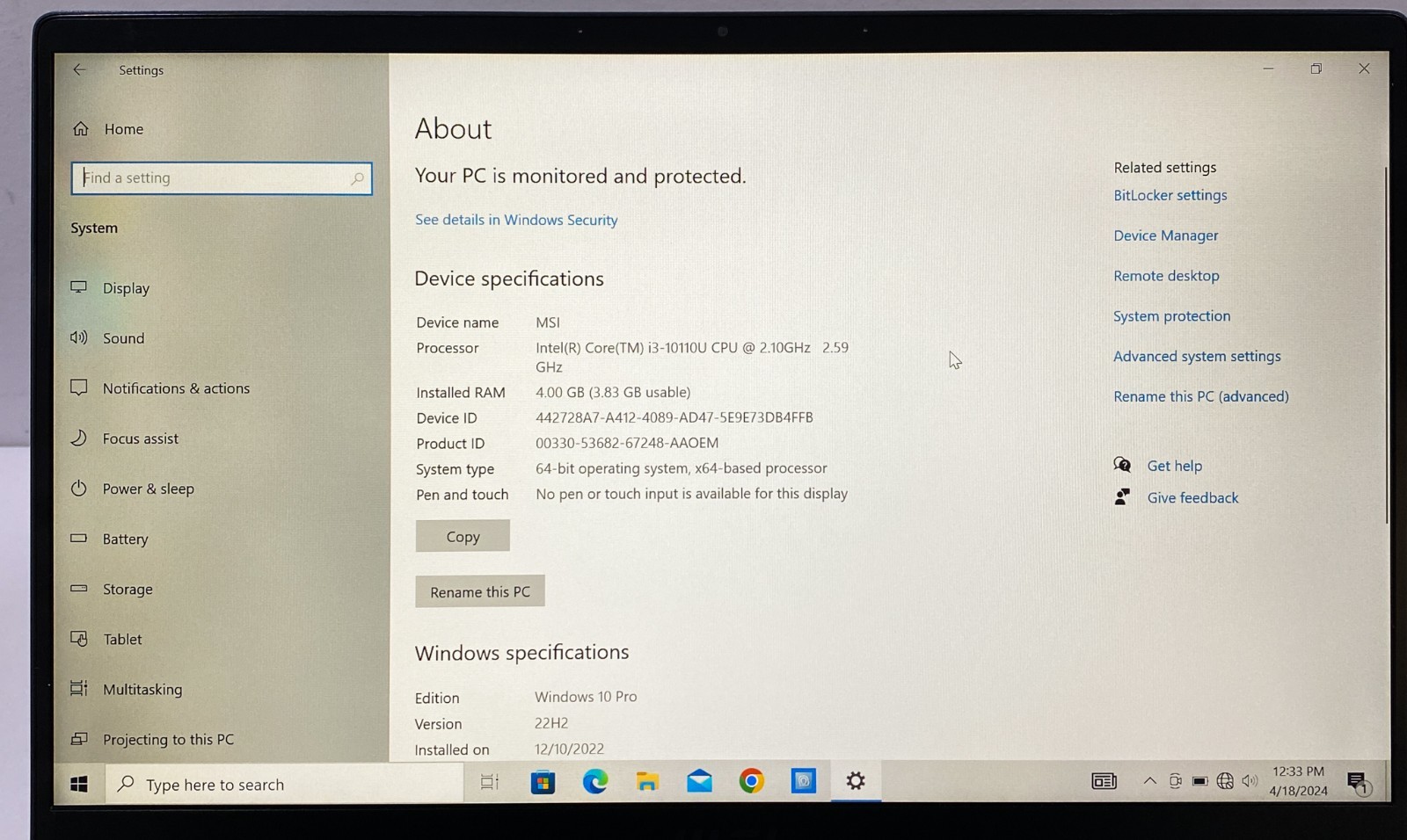 MSI MS-14D1 Laptop Intel Core I3-10110U@ 2.10GHz, 4GB RAM, 128GB M.2 SSD CLEAN!!