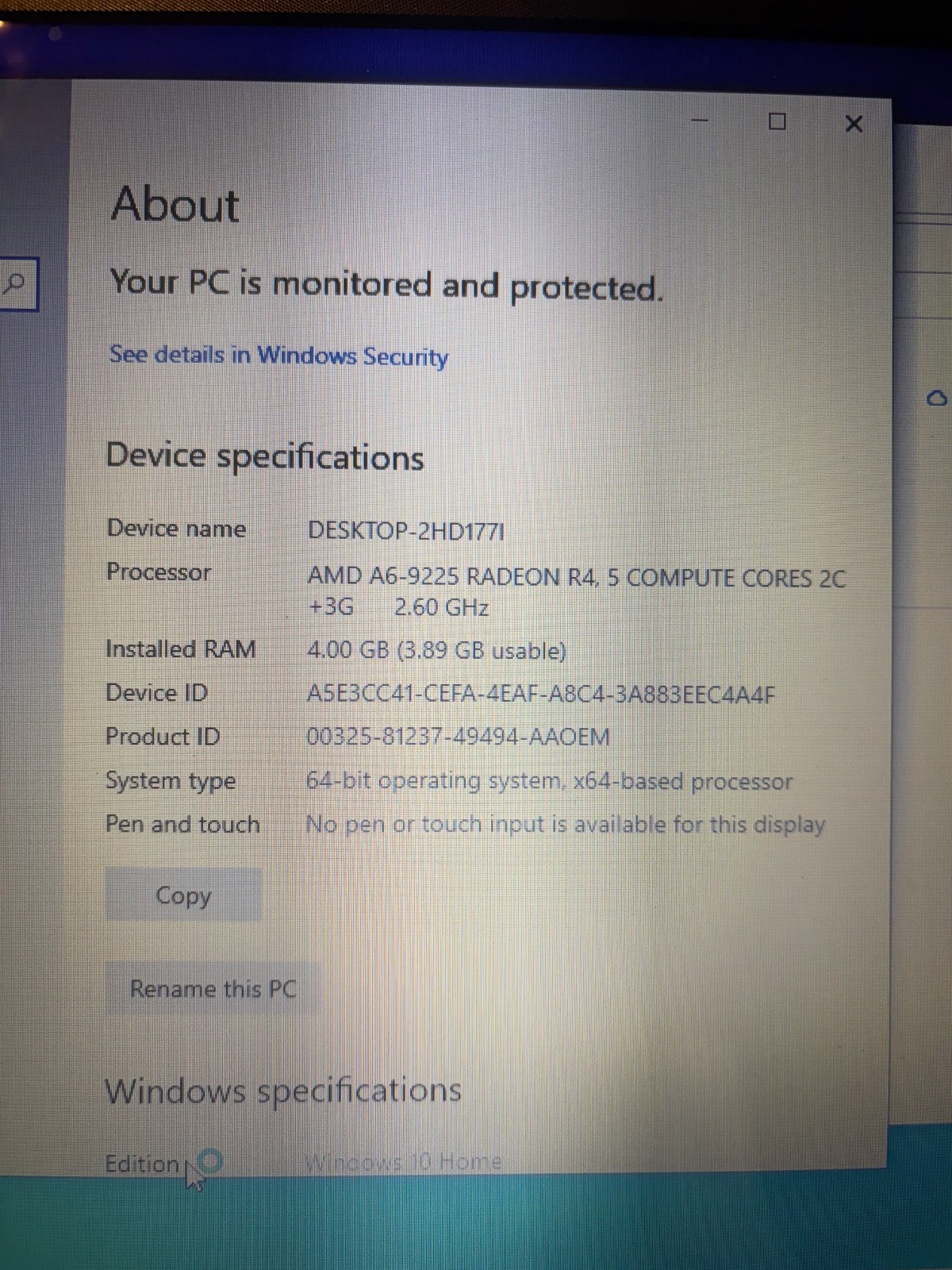 HP Notebook 15-db0011dx Laptop 2.60ghz AMD Radeon 4GB Ram