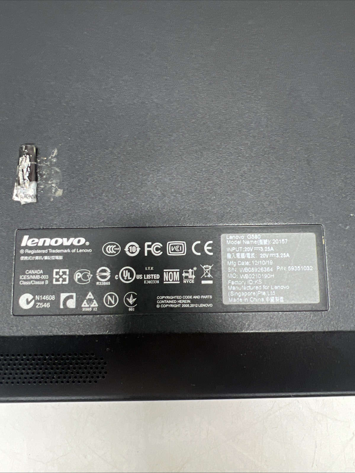 Lenovo G580 15.6″ Intel Pentium Processor | For Parts/Repair