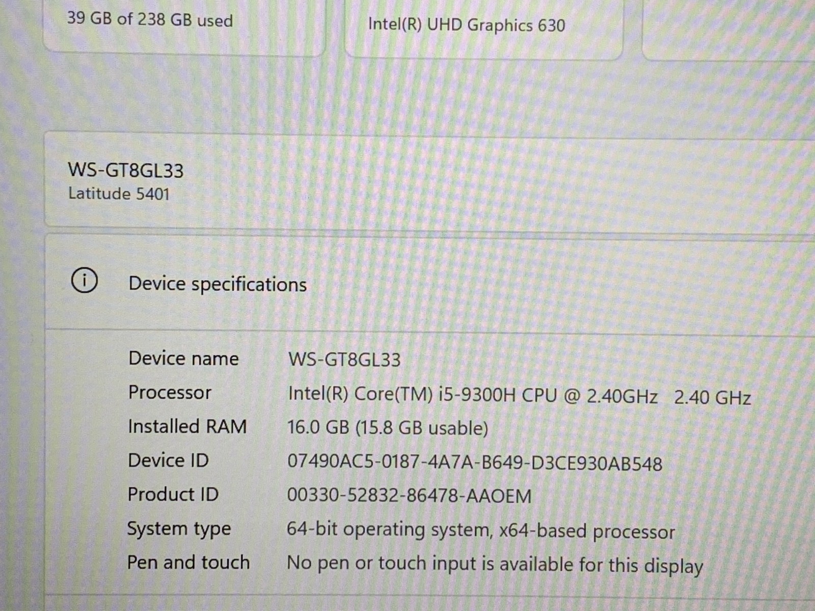 DELL LATITUDE 5401 i5-9300H@ 2.40GHz 16GB RAM 256GB SSD W11P W/CHARGER *READ