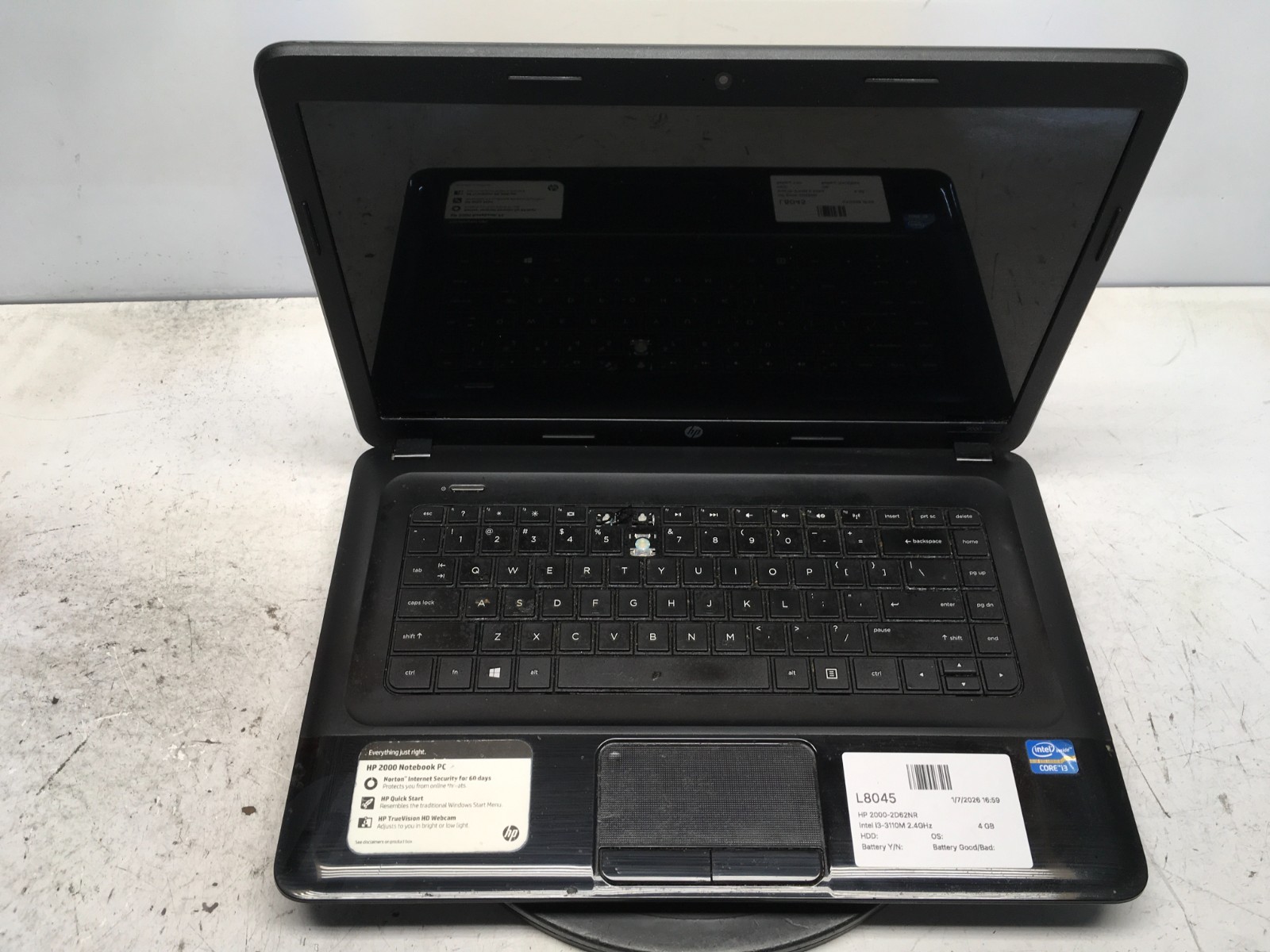 HP 2000-2D62NR Intel i3-3110M 2.4GHz 4 GB NO HDD