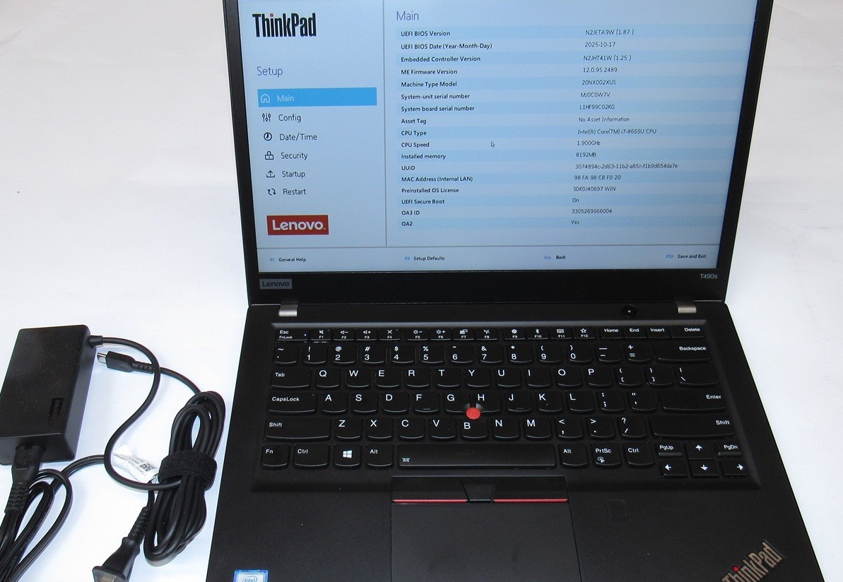 Lenovo ThinkPad T490s, i7-8665U, 8GB MEM, NO SSD/DRIVE, NO OS, 14″ FHD Display