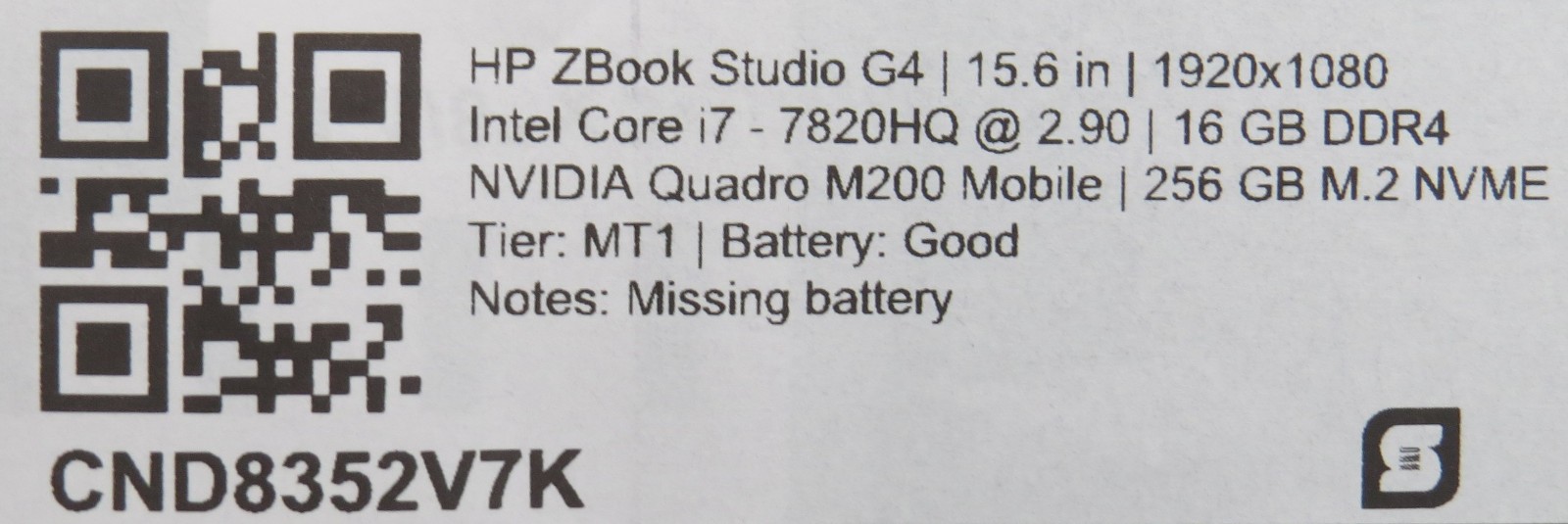 HP ZBook Studio G4 i7-7820HQ @ 2.9GHz 16GB DDR4 256GB m2 Quadro M200 No OS/Batt