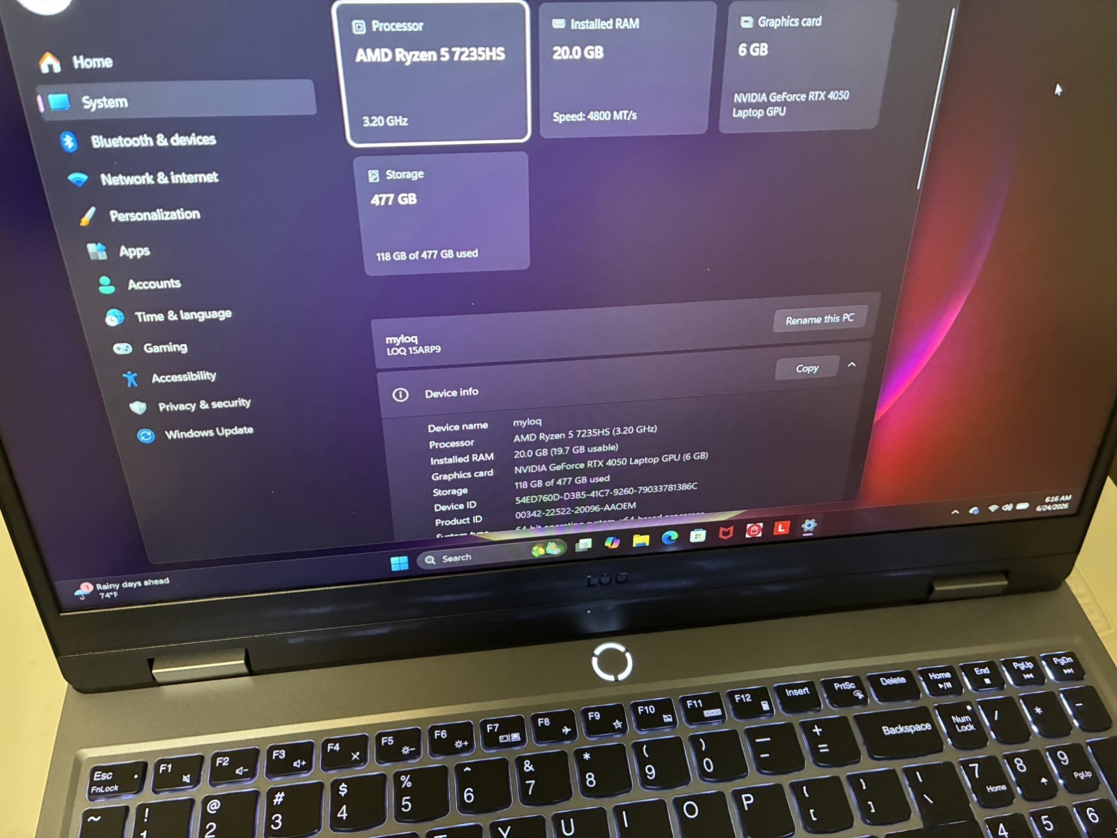 Lenova LOQ Rayzen 5 Gaming 20gb Ram Rtx4050 6gb Gpu 477gb SSD Windows 11 Home