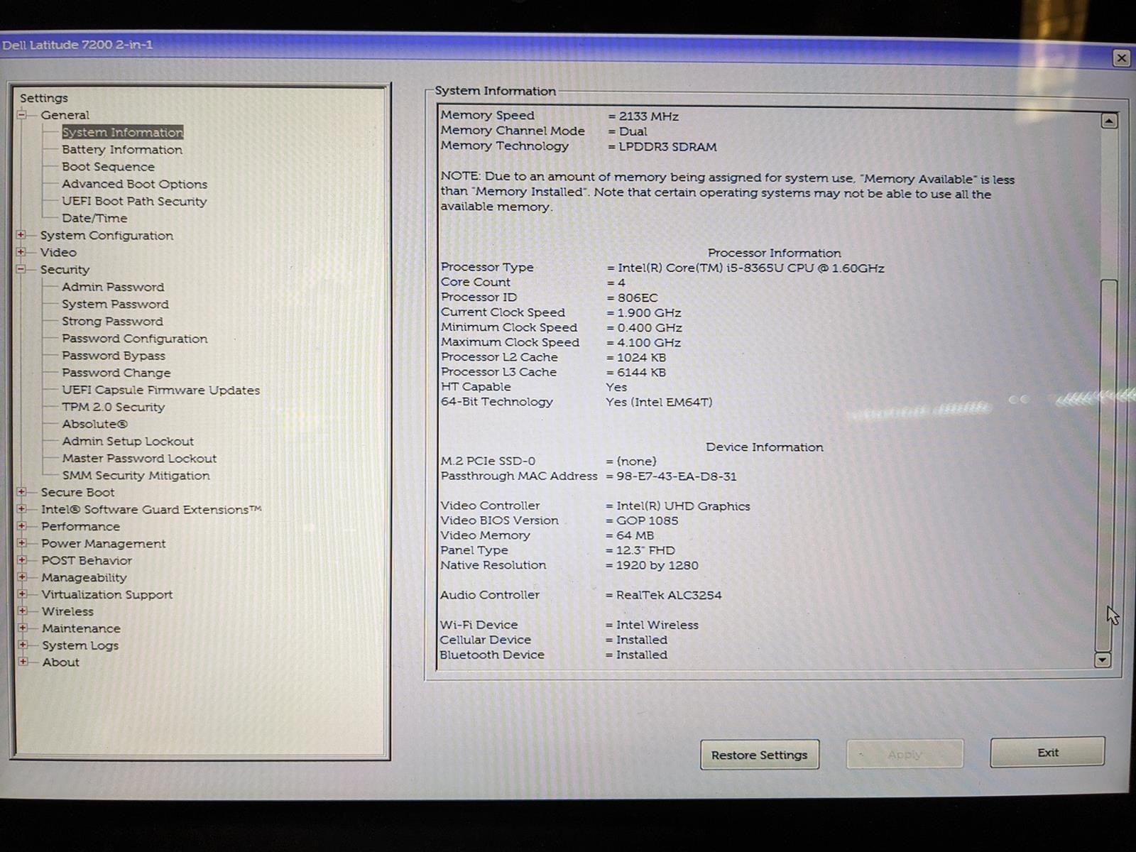 DELL LATITUDE 7200 2-IN-1 i5-8365U @ 1.60GHz, 16GB RAM, NO HDD/OS