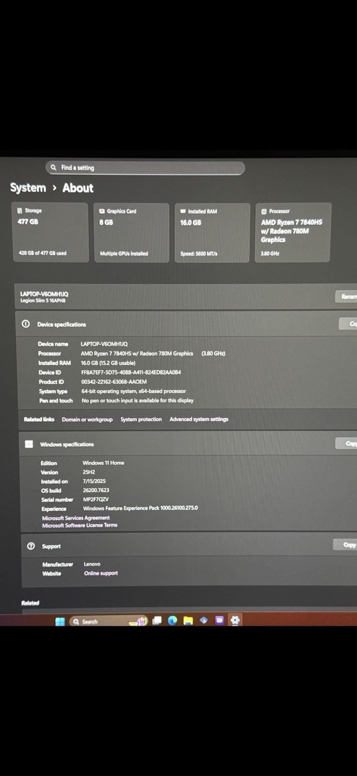 Lenovo Legion Slim 5 16APH8 AMD Ryzen 7 7840HS 16GB RAM 512GB