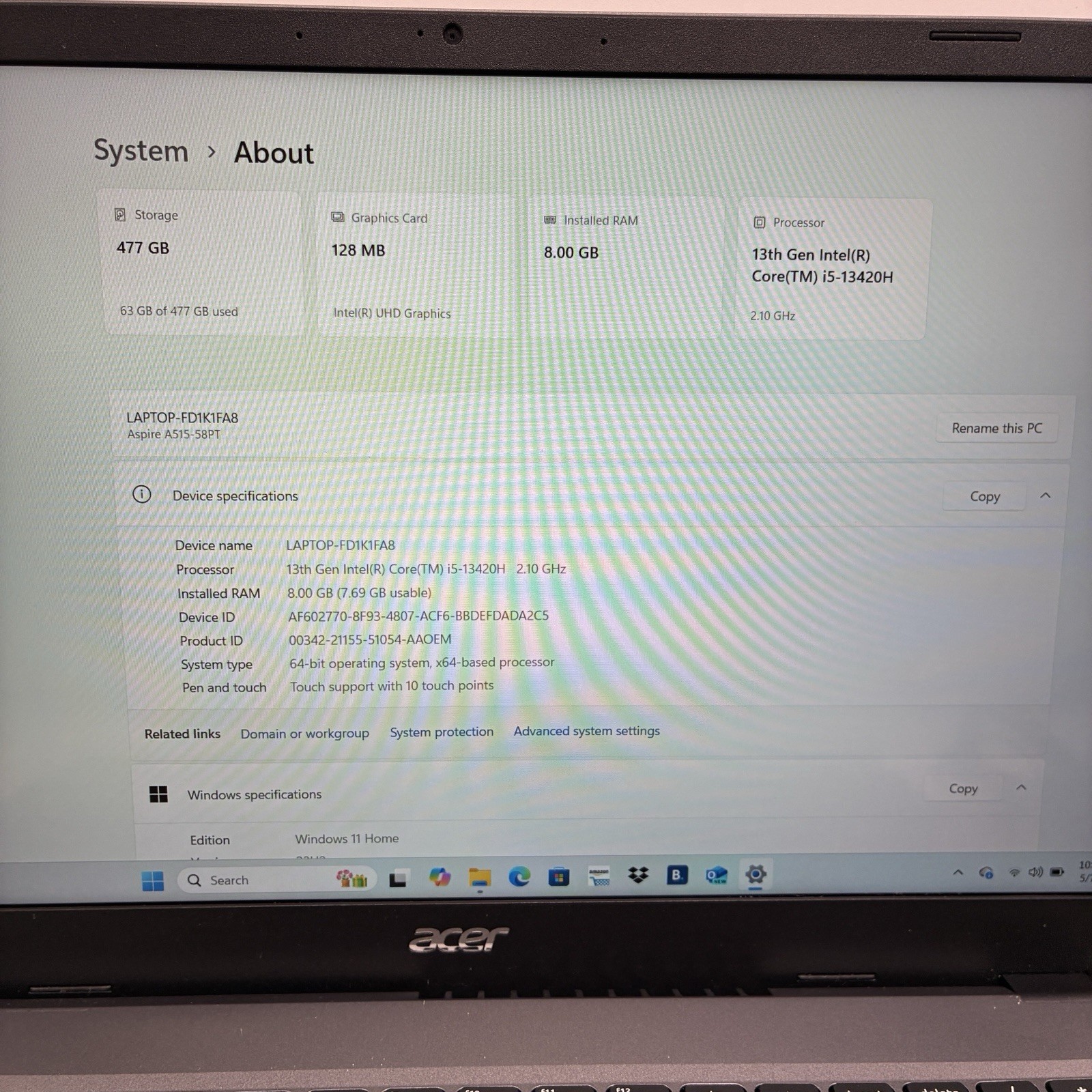 Acer Aspire 5 A515-58PT-59VW 15.6″ FHD Touch Screen i5-13420H 8GB W11H