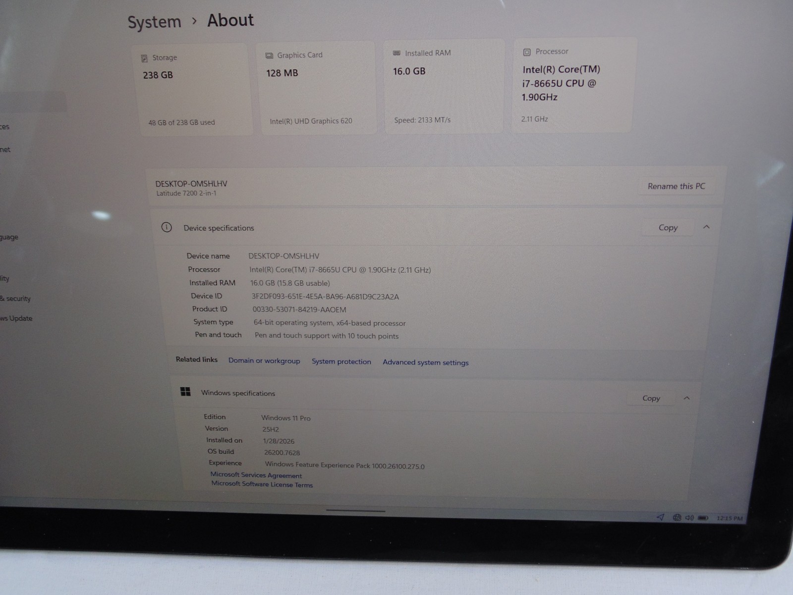 Dell Latitude 7210 2 in 1 i7-8665U Tablet Notebook Computer Touchscreen 12.25″