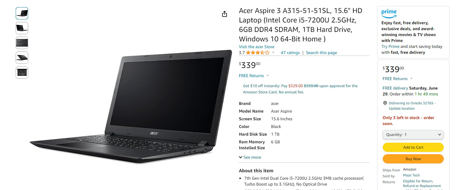 Acer Aspire 3 A315-51 15.6″ HD Laptop (Intel Core i5-7gen 2.5GHz, 6GB Ram, 1tb
