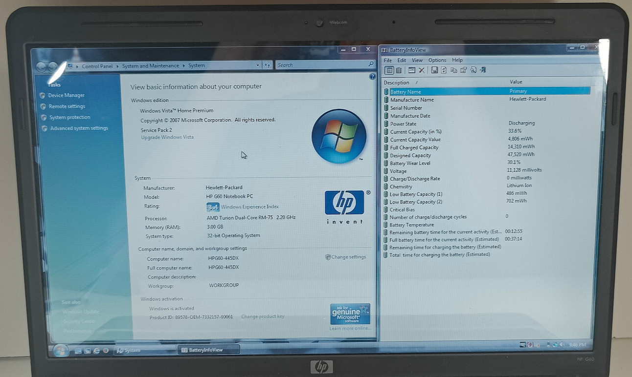 HP G60-445DX AMD Turion X2 RM-75 2.2Ghz 3GB RAM/320GB HDD/16 256MB Geforce 8200M