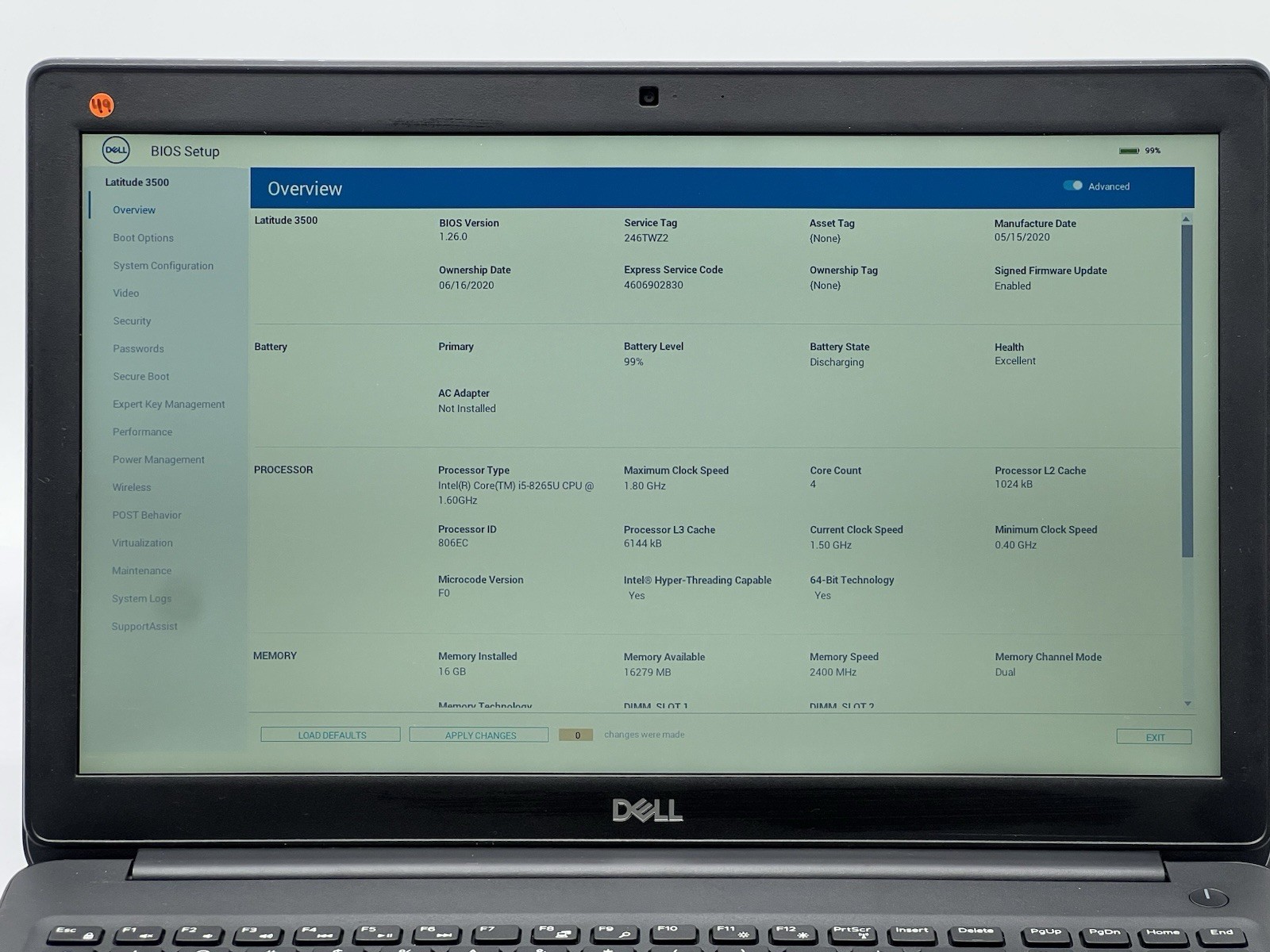 Dell Latitude 3500, i5-8265U, @ 1.60GHz, 16GB RAM, 256GB NVMe-No OS/Charger