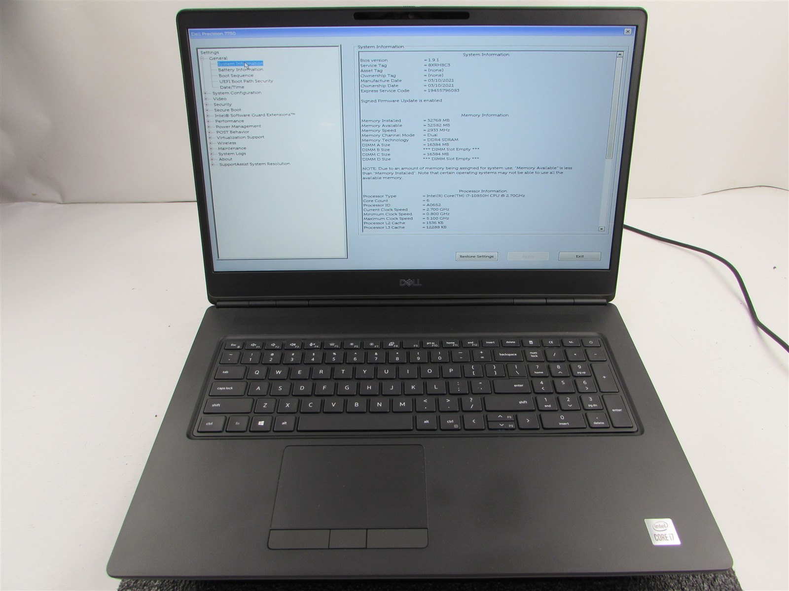 DELL PRECISION 7750 FHD CORE I7-10850H 1TB 32GB RAM RTX 4000 WIN 11 PRO NO BATT