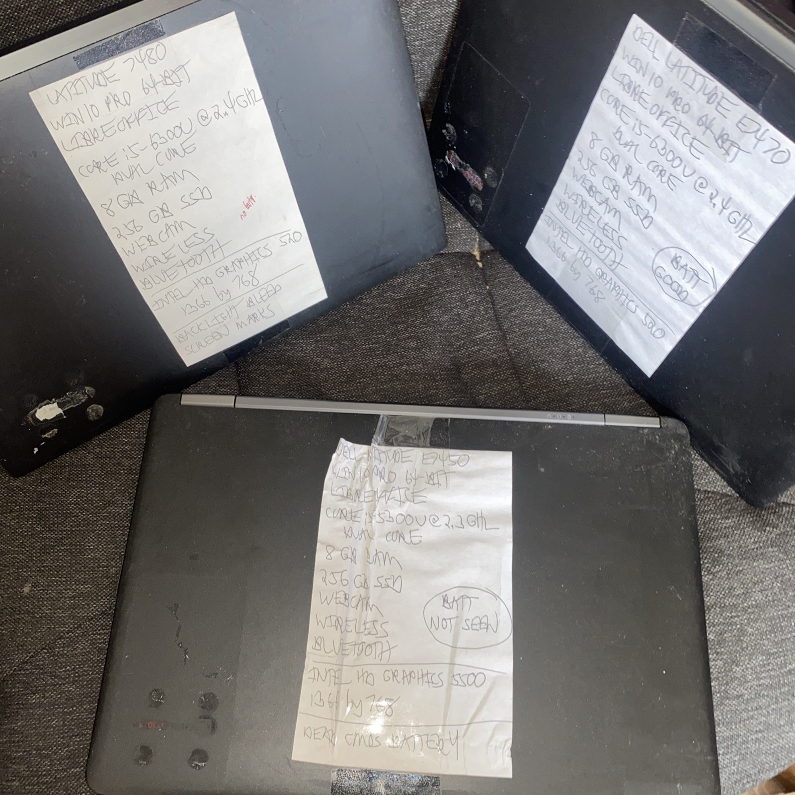 Three Dell Latitude E7450,7470,7480 i5-5300u 6300u 8gb 256gb ssd web win 10P