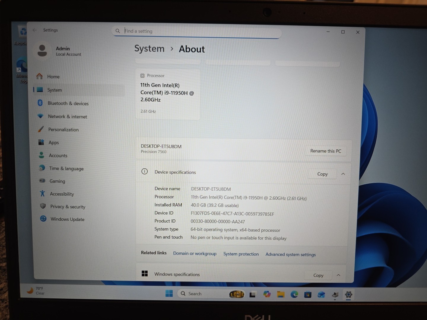 Dell Precision 7560 i9-11950H 40GB RAM 1TB NVMe NVIDIA T1200 W11Pro