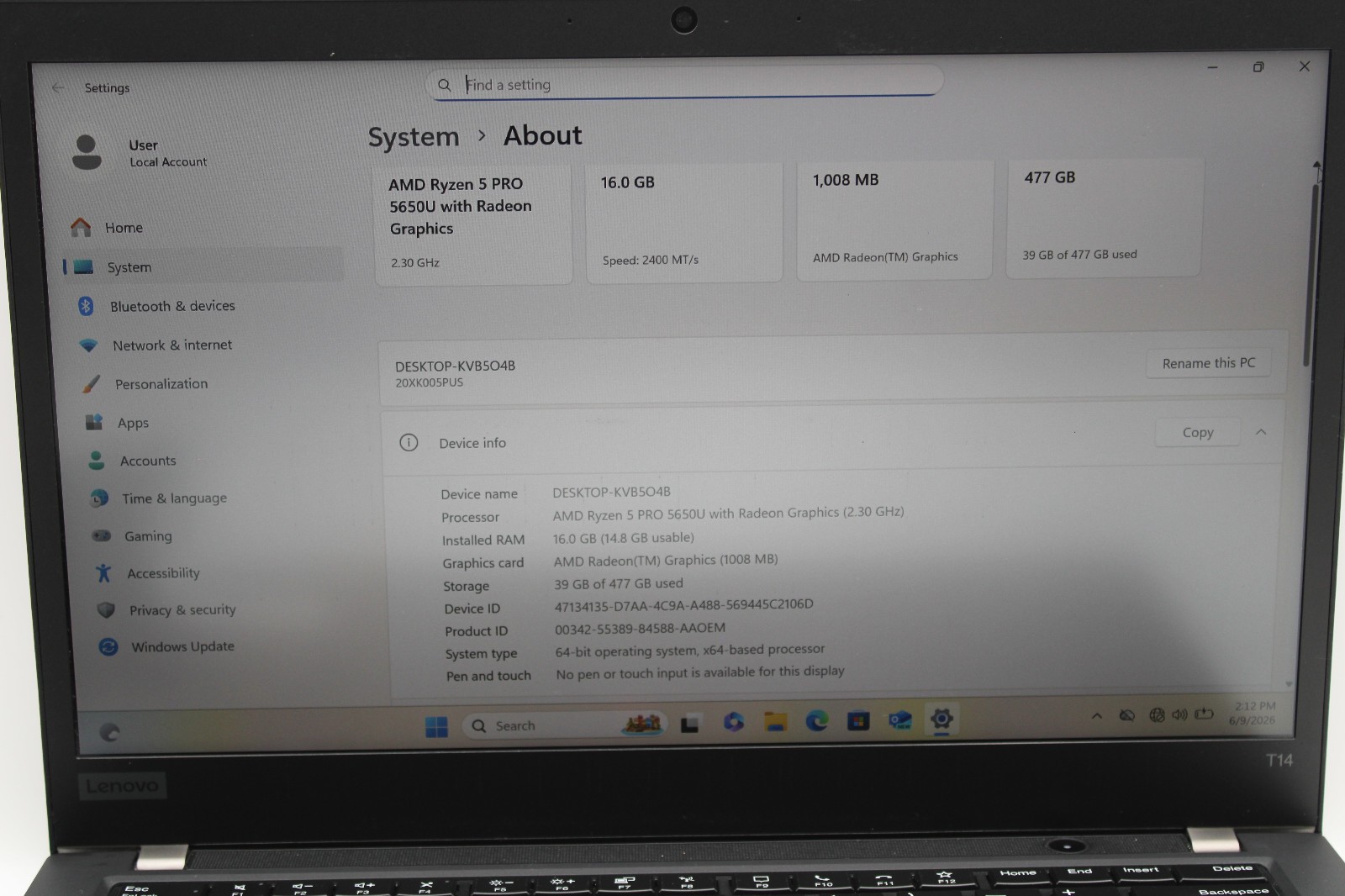 Lenovo ThinkPad T14 Gen 2 _ Ryzen 5-5650U @ 2.3 _ 16GB RAM _ 512GB SSD _ W11P