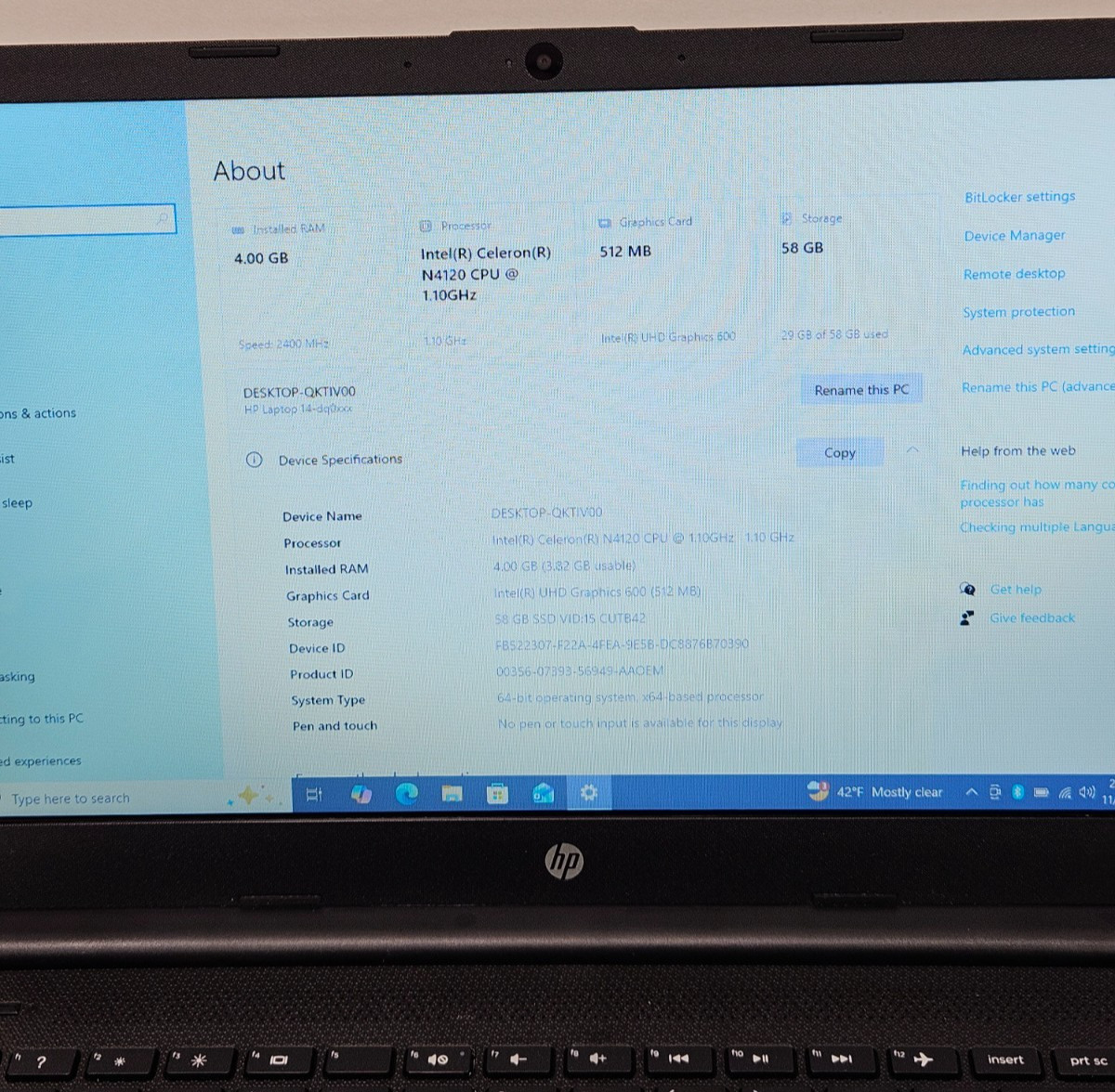 HP 14-dq0051dx Intel Celeron N4120, 4GB RAM, 58GB SSD, Win10 #0178