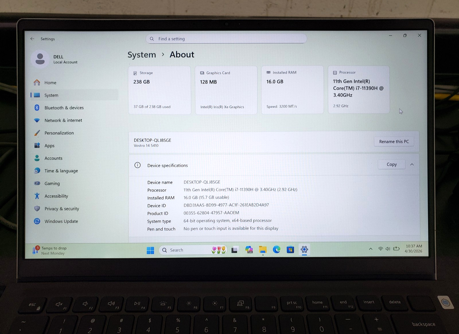 Dell Vostro 14 5410 i7-11390 16GB Ram 256GB SSD PC Laptop Backlit KB Win 11 pro