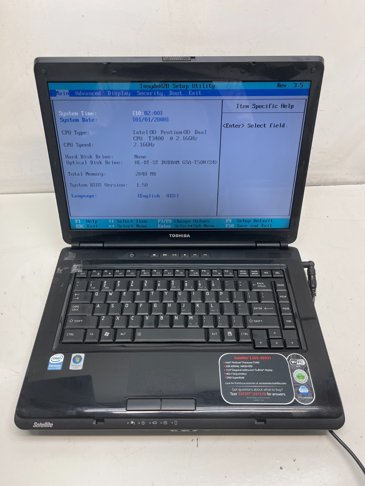 Toshiba Satellite L305-S5921 Intel Pentium Dual T3400 2.16GHz 2GB NO HDD