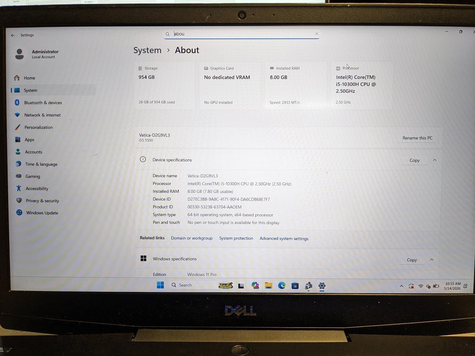 DELL G5 15 5500 i5-10300H @ 2.50GHz, 8GB RAM, NO HDD/OS
